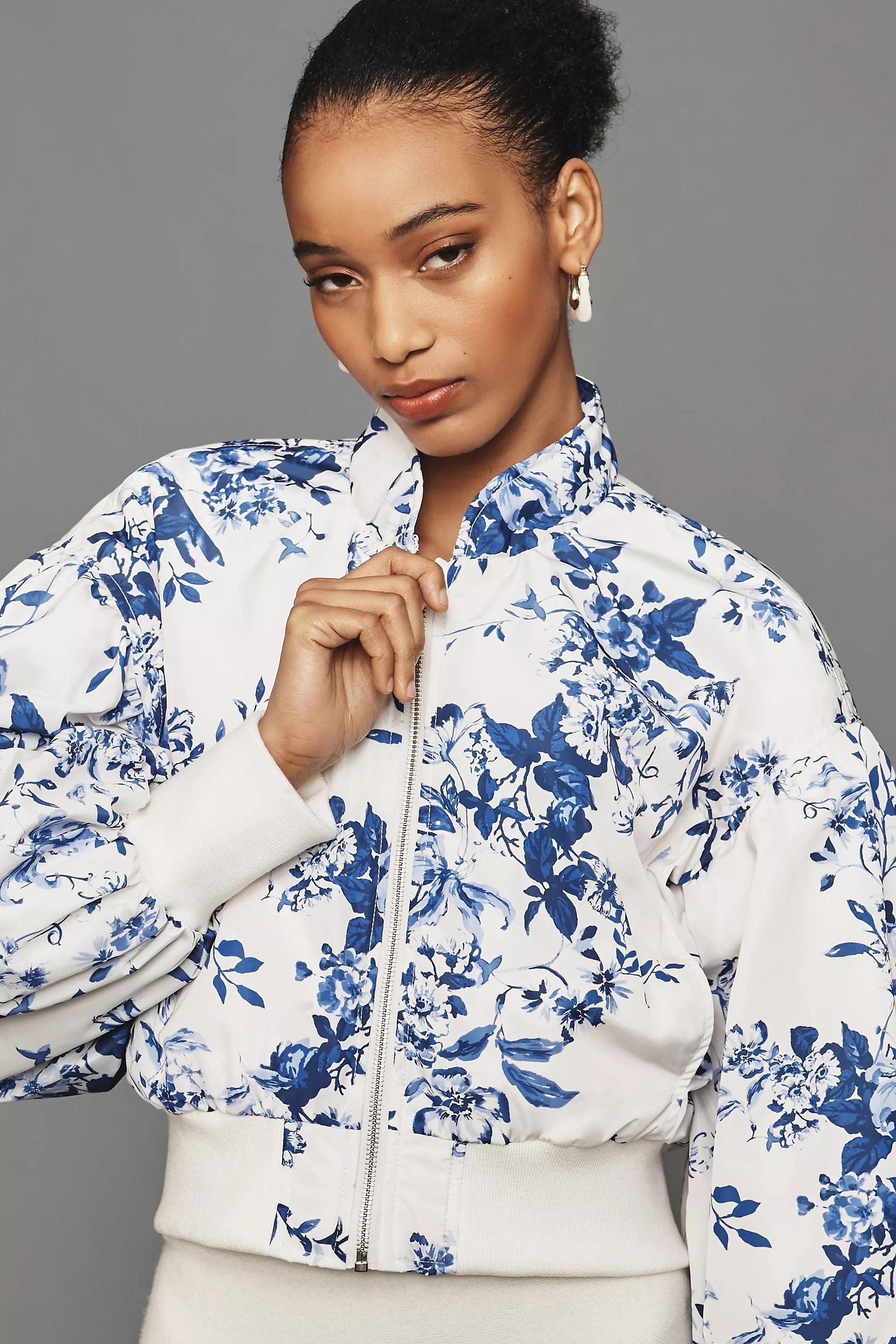 Motif Cropped Floral Print Bomber Jacket, Black, , large image number 1