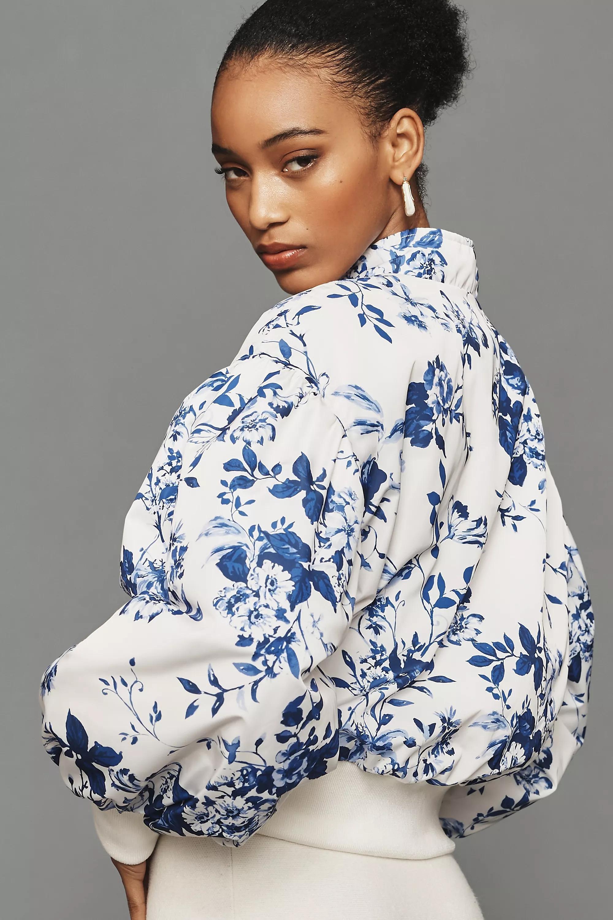 Motif Cropped Floral Print Bomber Jacket, Black, , large image number 2