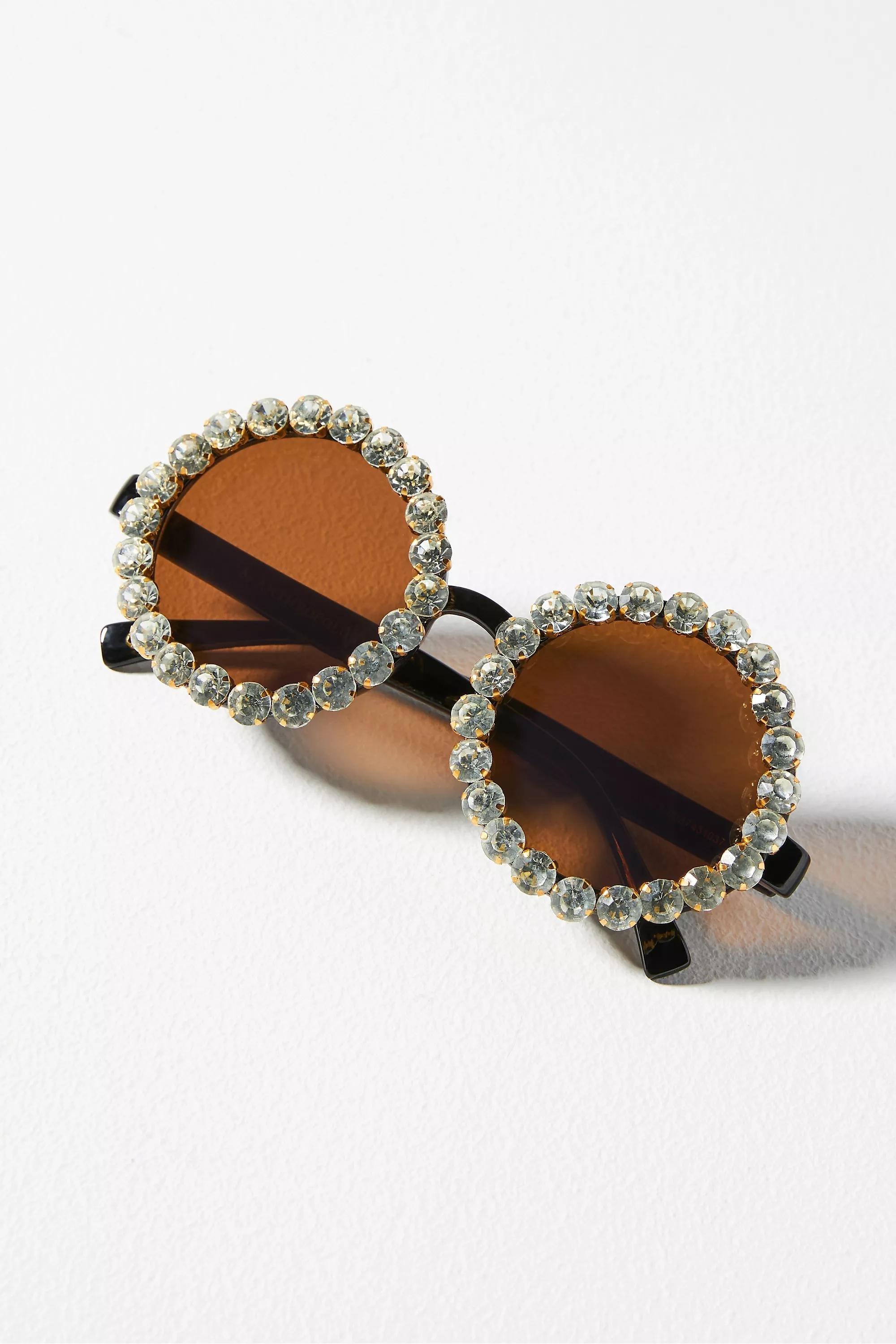 Rhinestone Round Sunglasses, Black, A501_0001, large image number 0