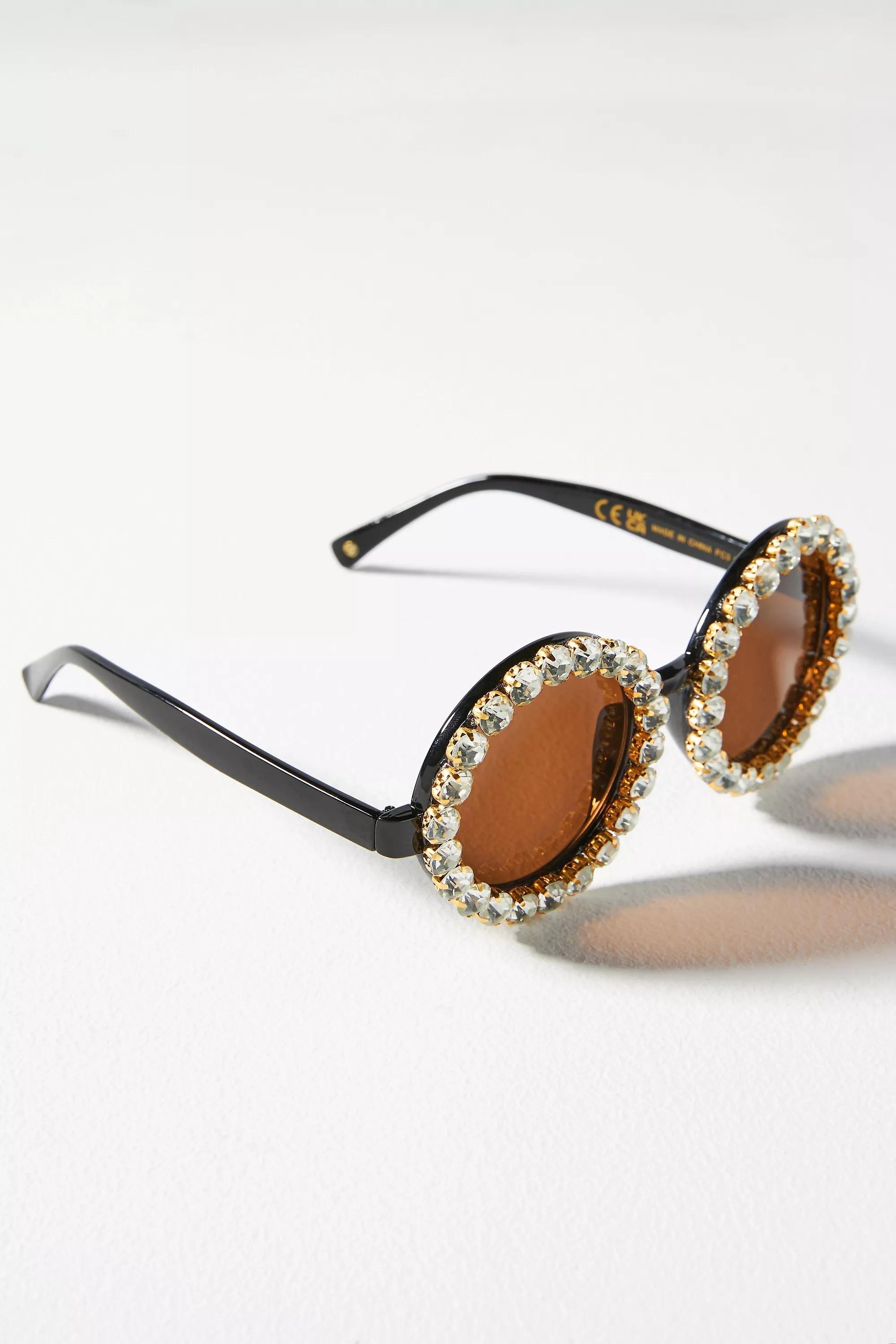 Rhinestone Round Sunglasses, Black, A501_0001, large image number 1