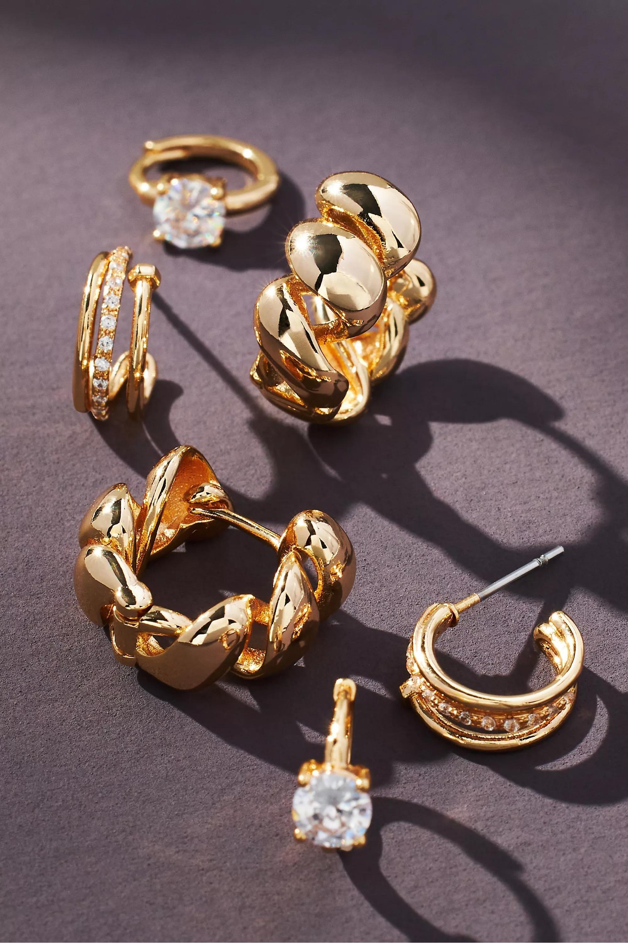 Assorted Huggie Hoop Earrings, Set Of 3, Gold-Plated, , large image number 1
