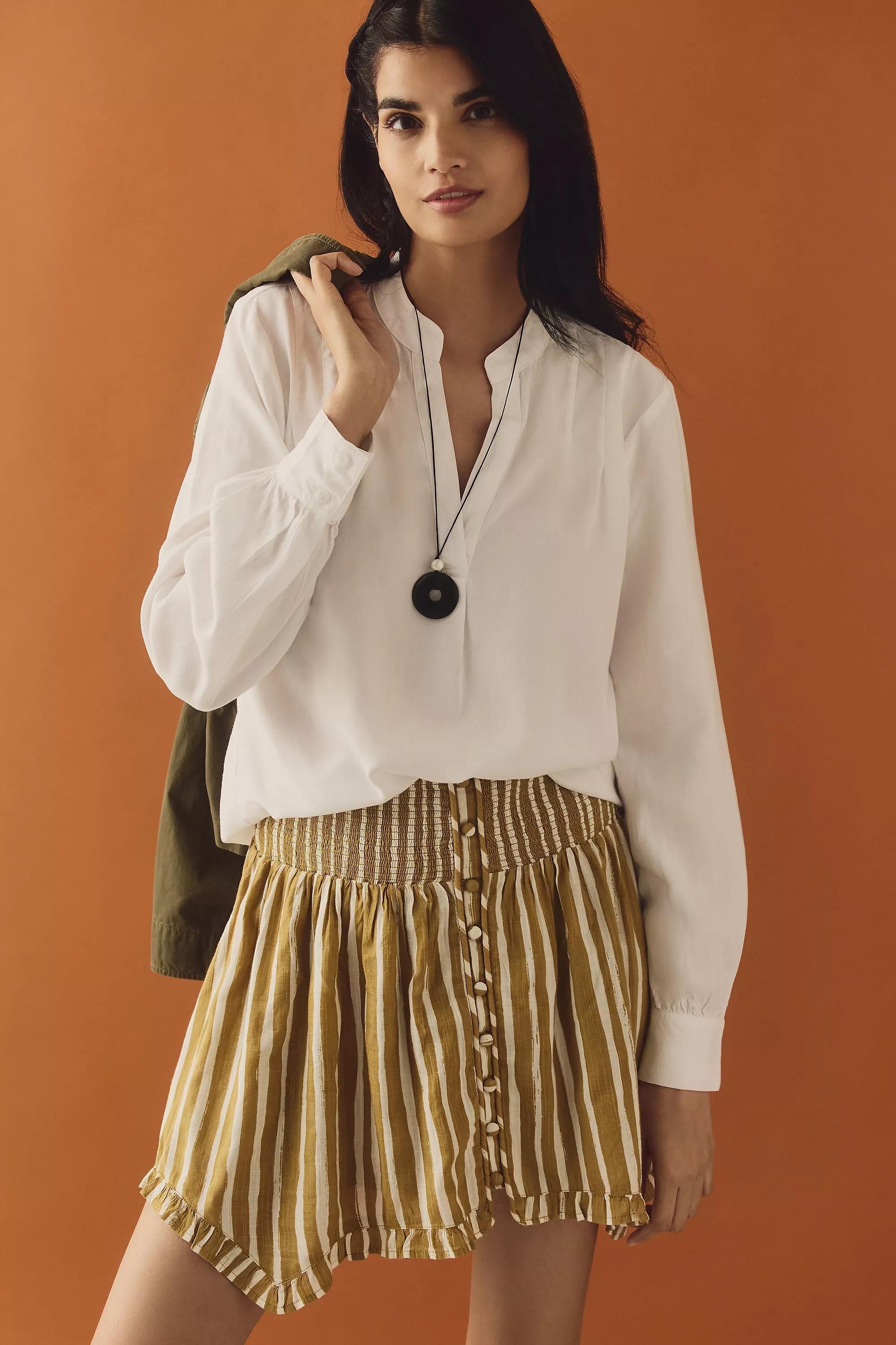 Bella Dahl Henley Long-Sleeve Pleated Blouse, White, , large image number 0