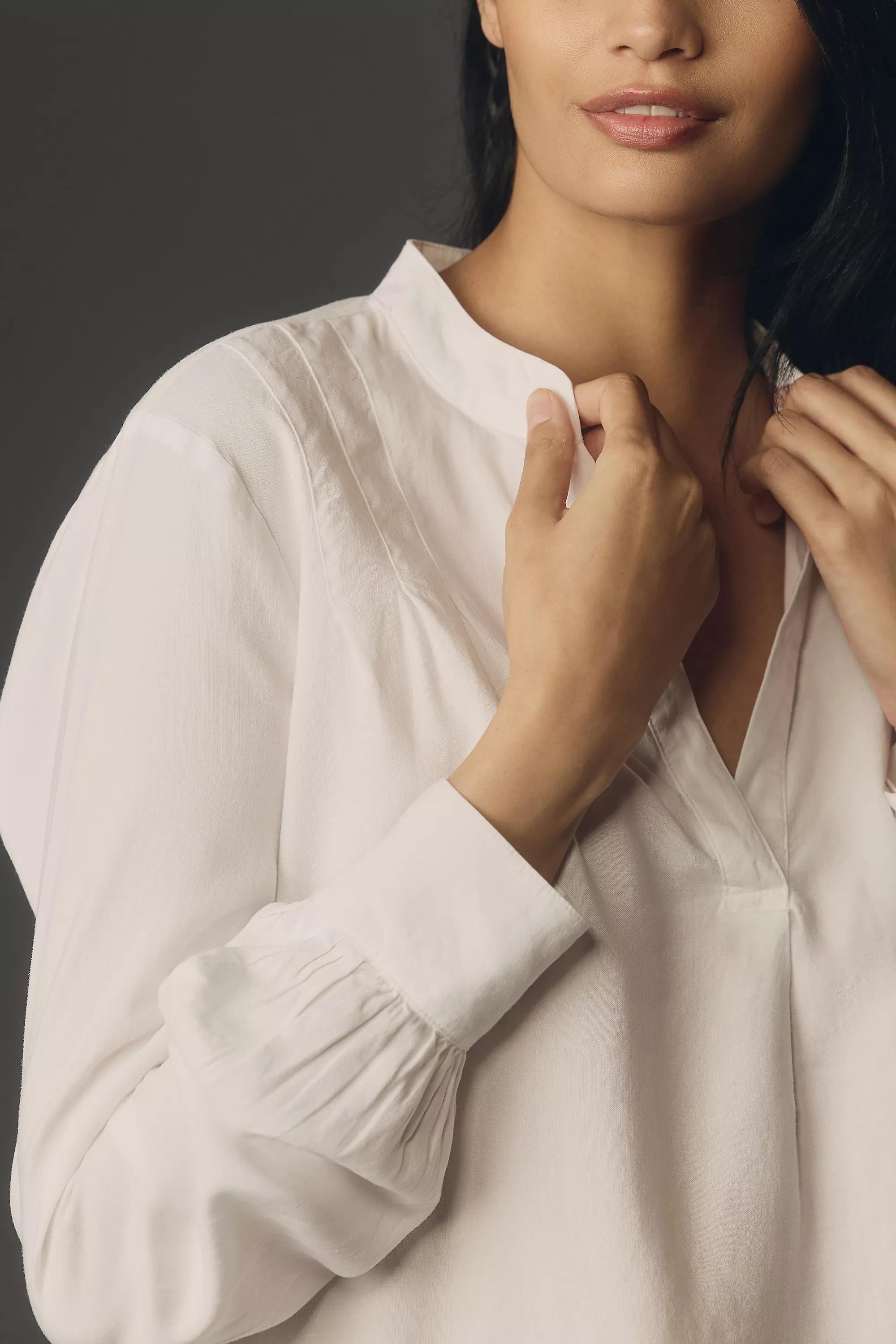 Bella Dahl Henley Long-Sleeve Pleated Blouse, White, , large image number 3