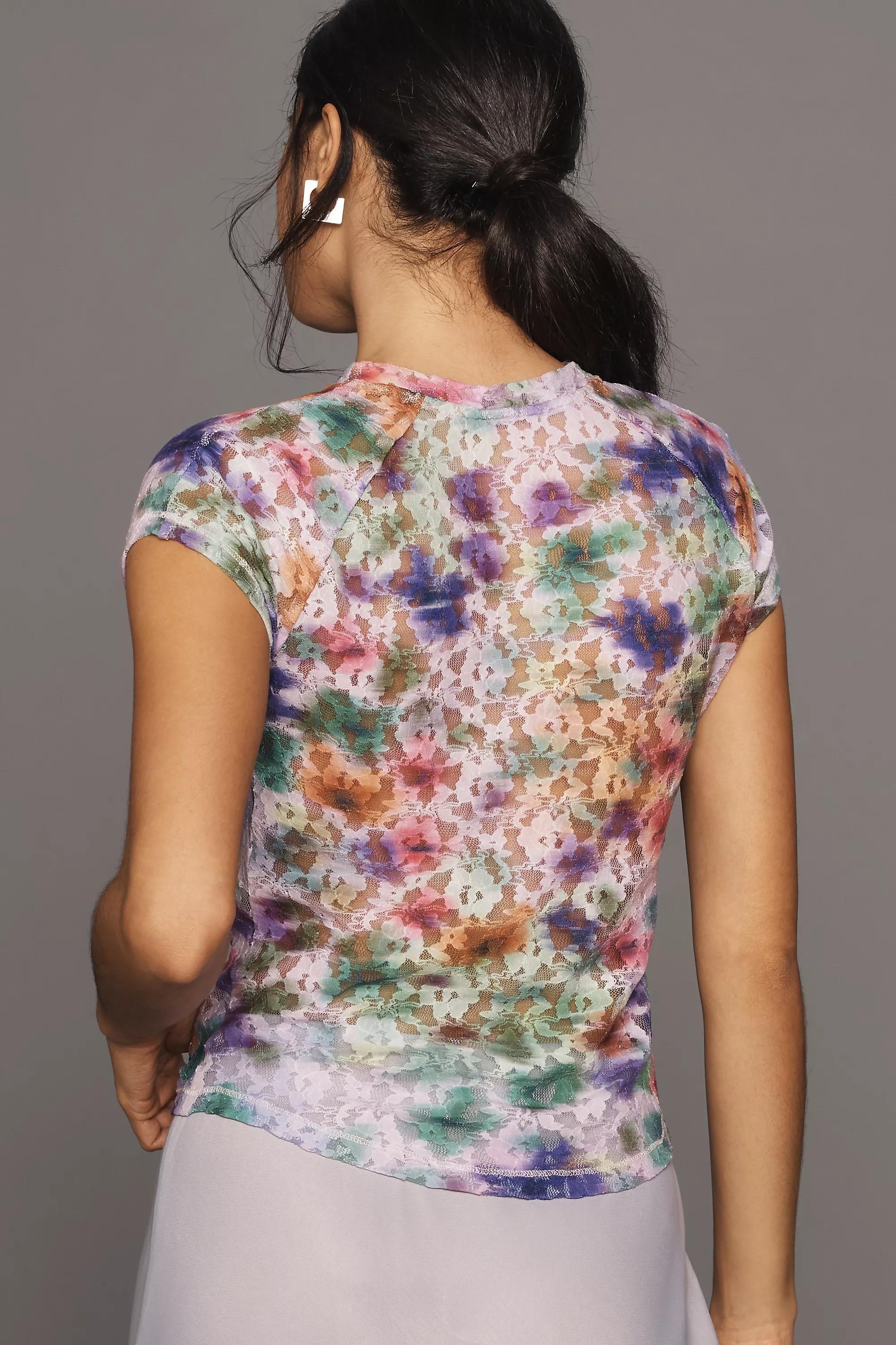 Pilcro Short-Sleeve Floral Lace Top, Purple, , large image number 1