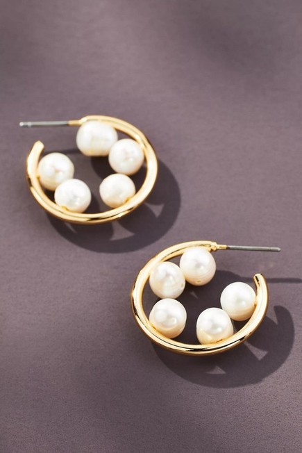 Anthropologie - Gold-Plated Inner Pearl Hoop Earrings Gold