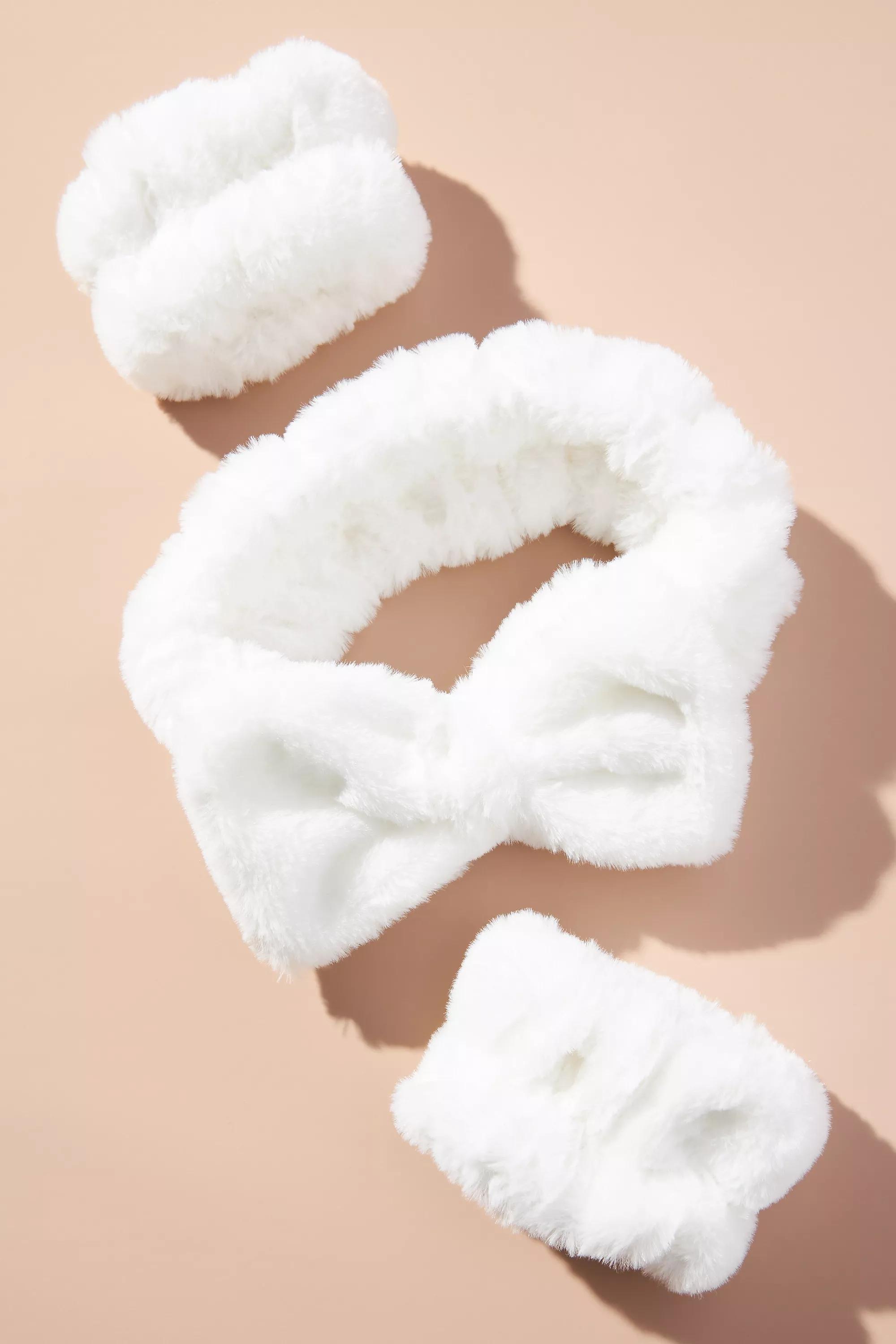 Faux Fur Bow Headband & Cuffs, White, , medium
