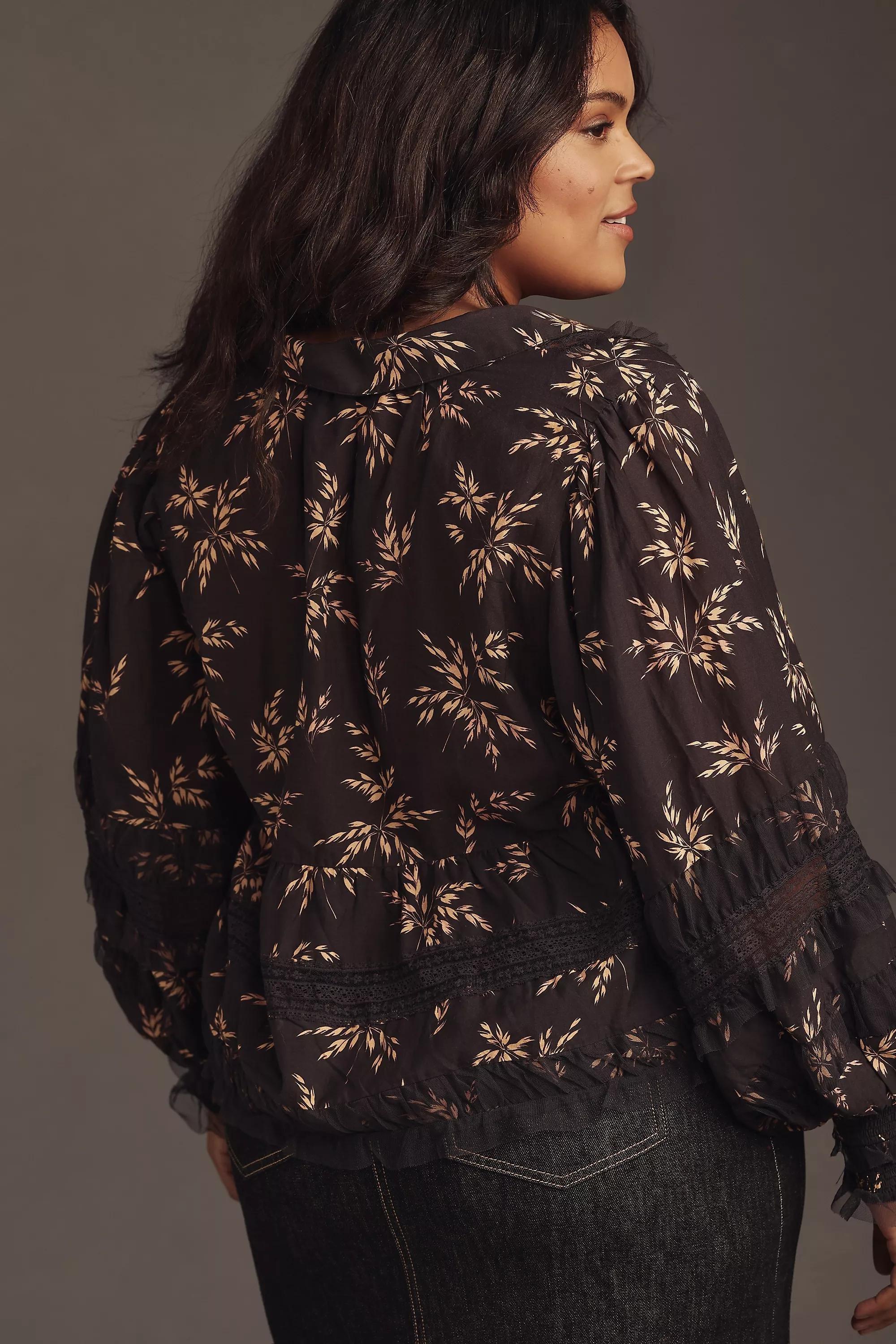 Motif By Anthropologie V-Neck Ruffled Blouse, Black, , large image number 2