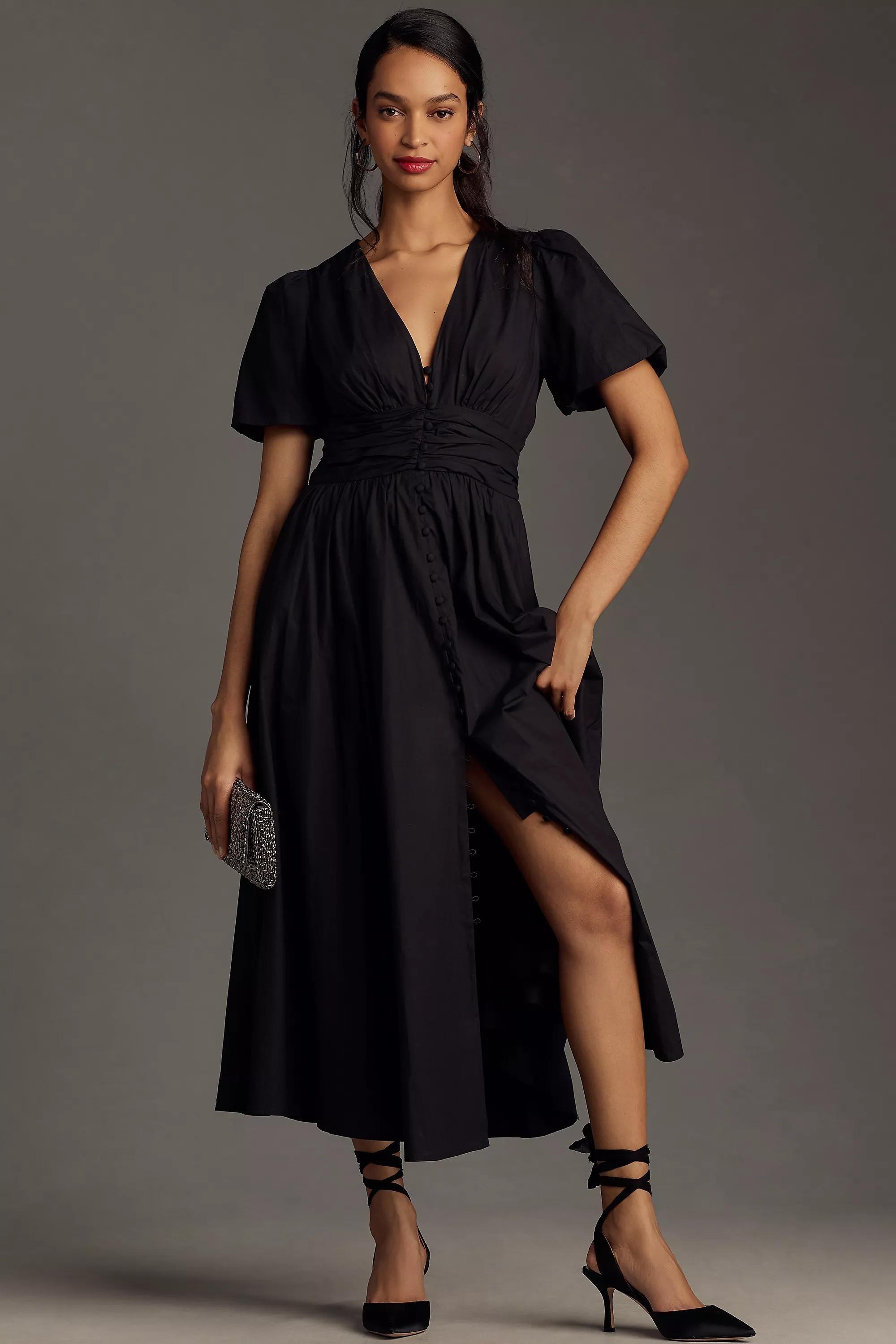 The Katerina V-Neck Button-Front Dress, Black, A501_0001, large image number 0