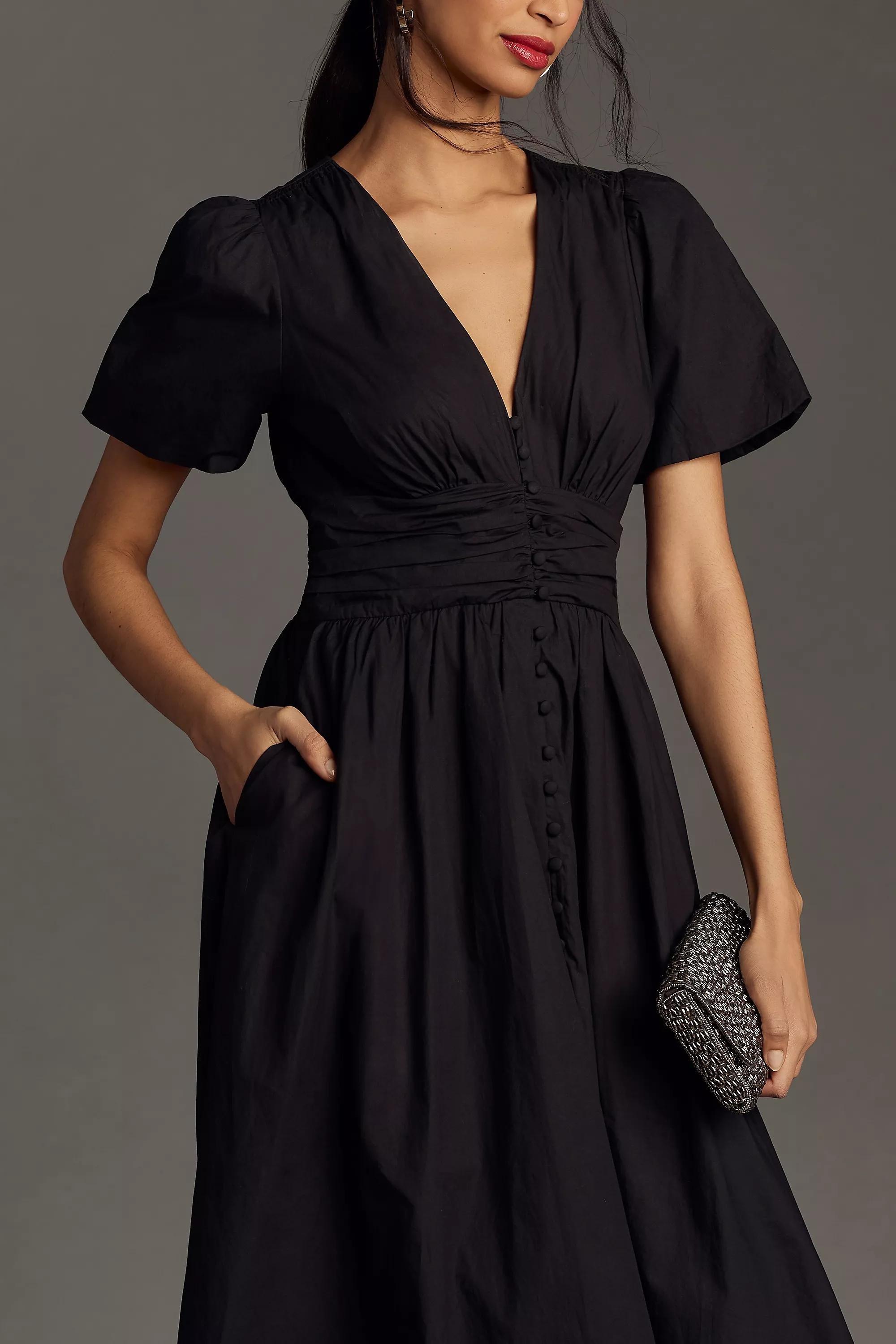 The Katerina V-Neck Button-Front Dress, Black, A501_0001, large image number 2