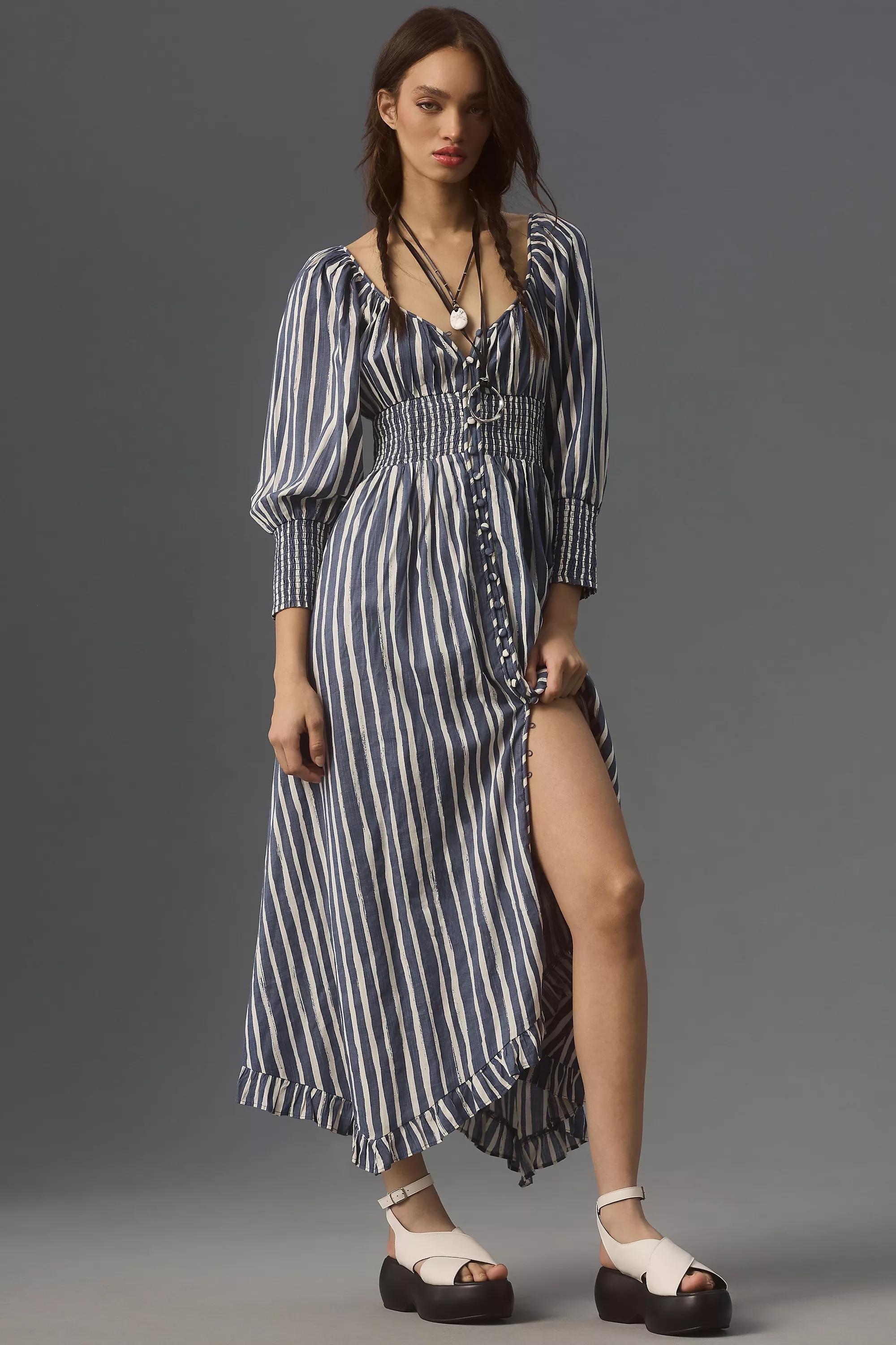 Anthropologie - Long-Sleeve Sweetheart Midi Dress, Navy