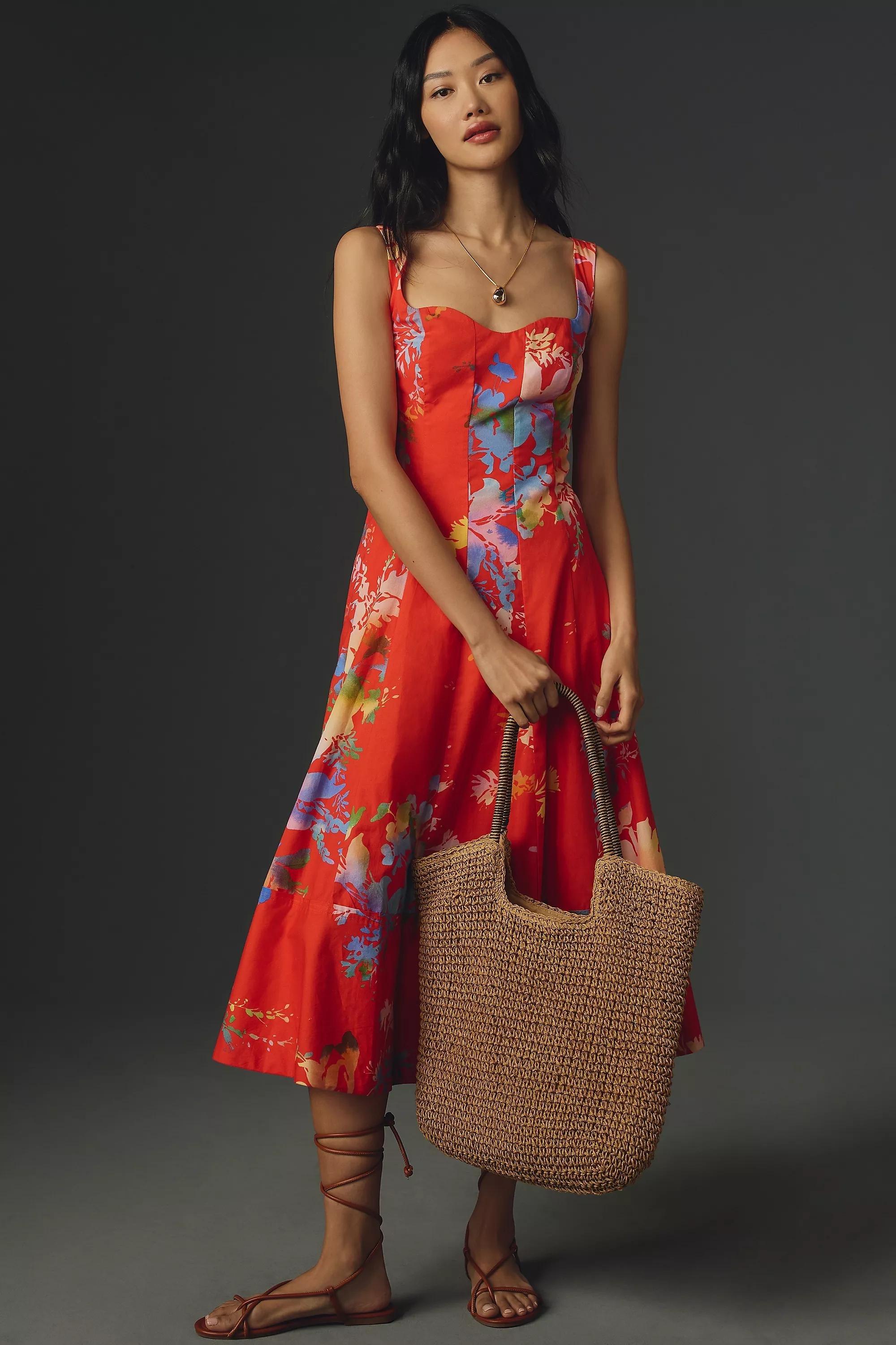 By Anthropologie Seamed Sweetheart Midi Dress, Red, , large image number 0