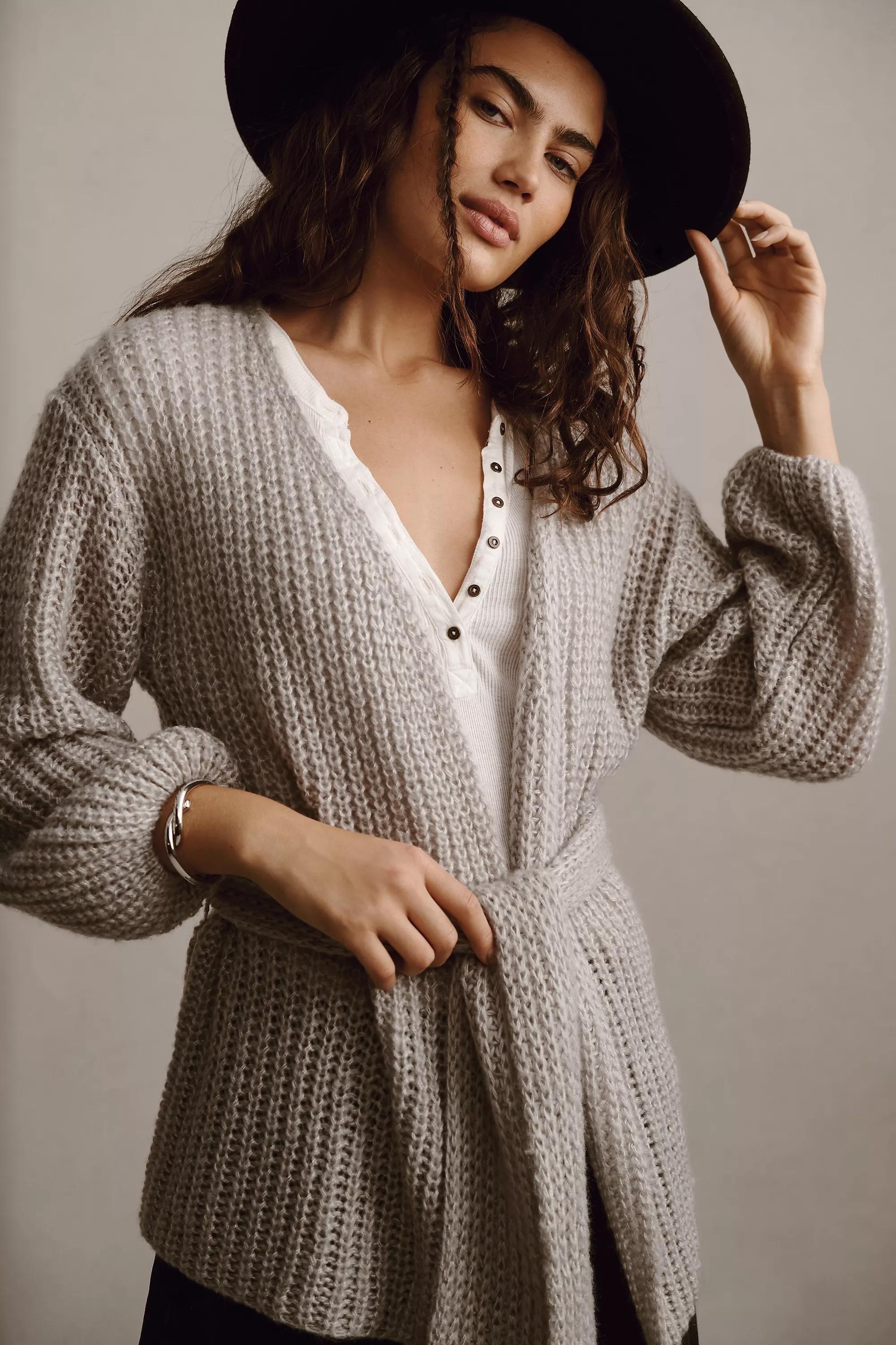 Self Contrast Belted Wrap Cardigan, Grey, A501_0004, large image number 0