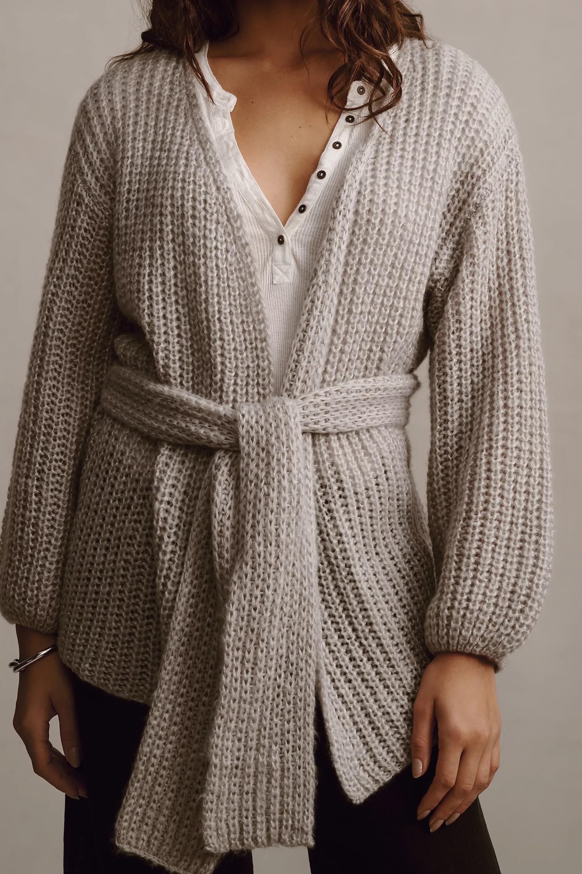Self Contrast Belted Wrap Cardigan, Grey, A501_0004, large image number 1