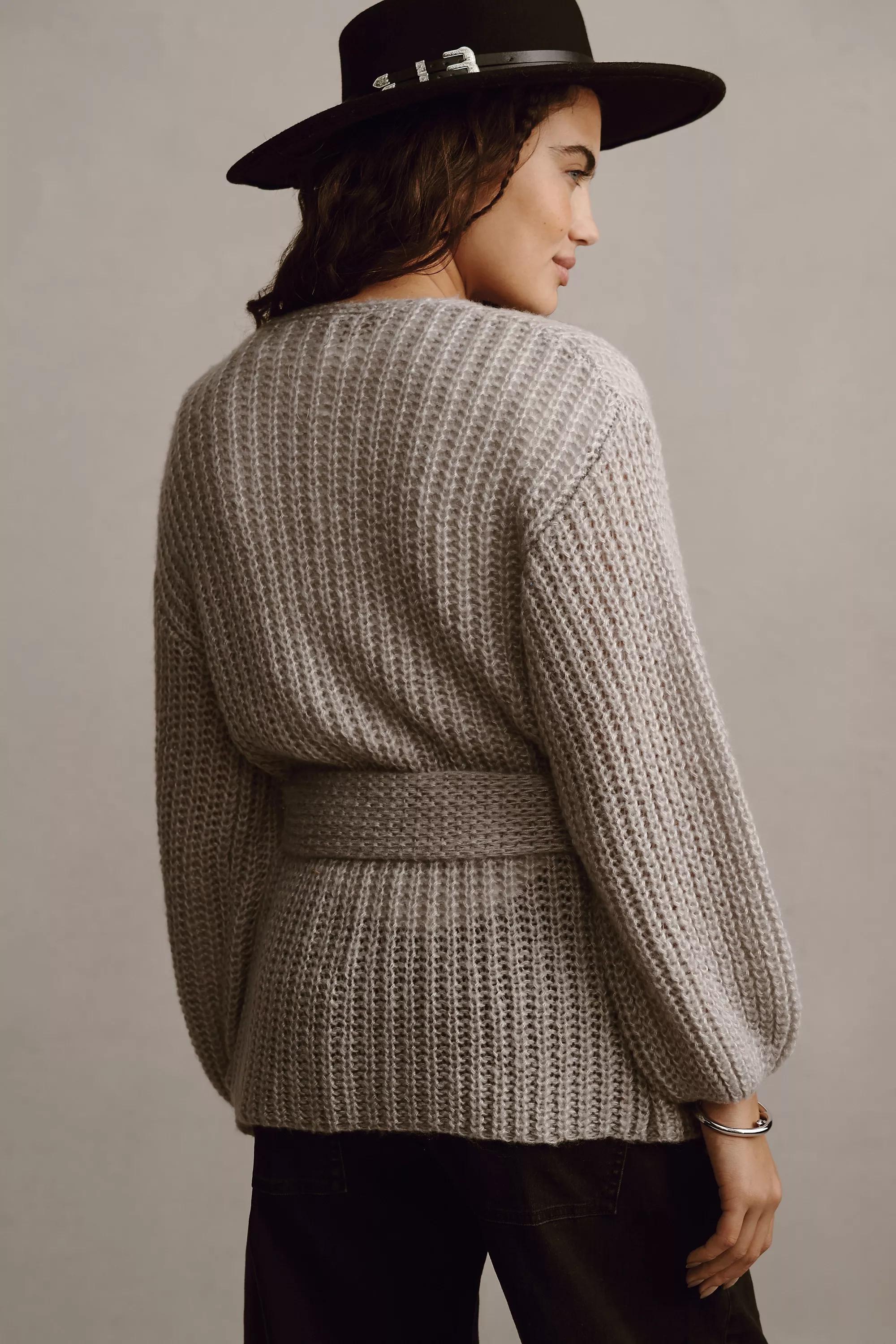 Self Contrast Belted Wrap Cardigan, Grey, A501_0004, large image number 2