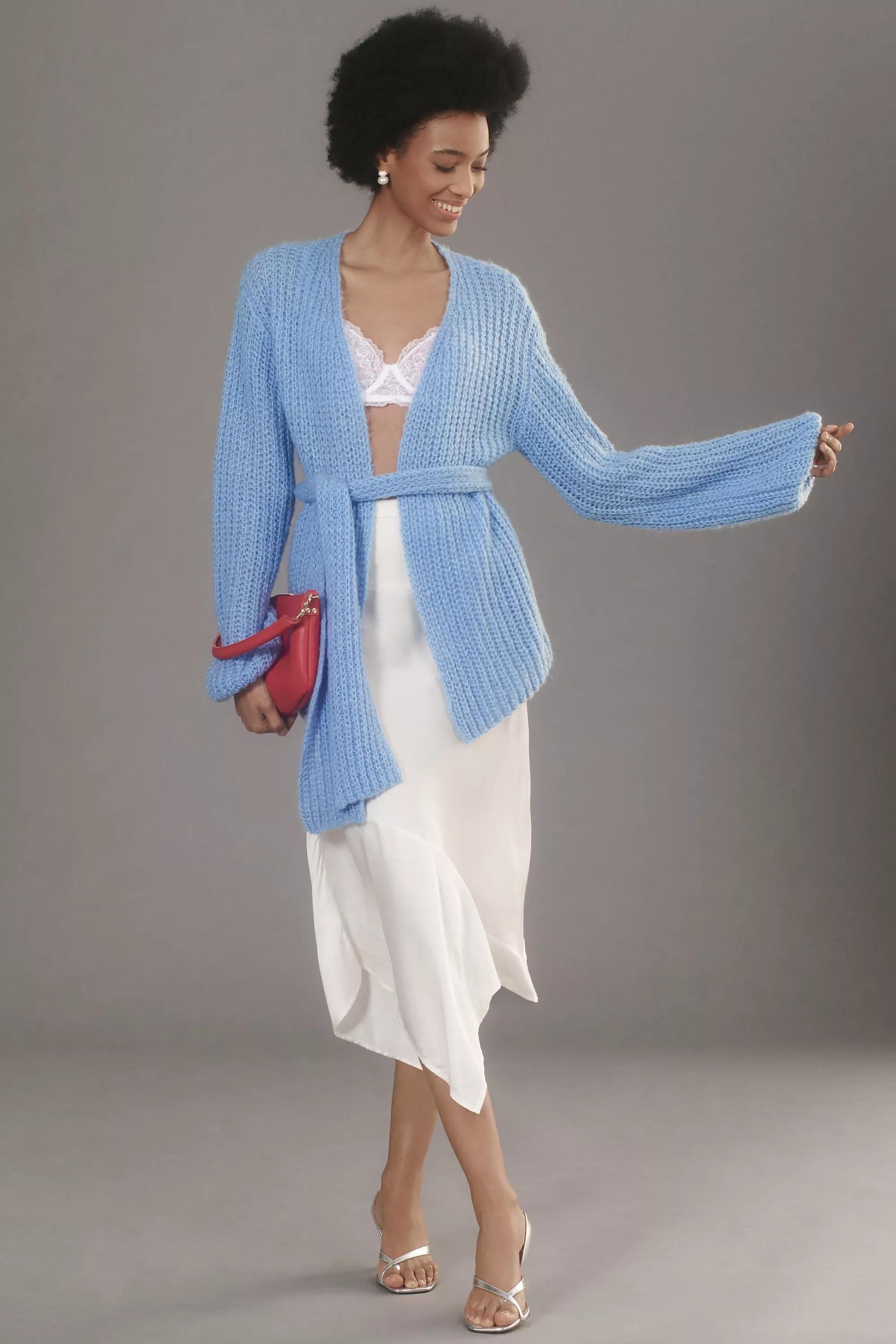 Self Contrast Belted Wrap Cardigan, Blue, A501_0040, large image number 0
