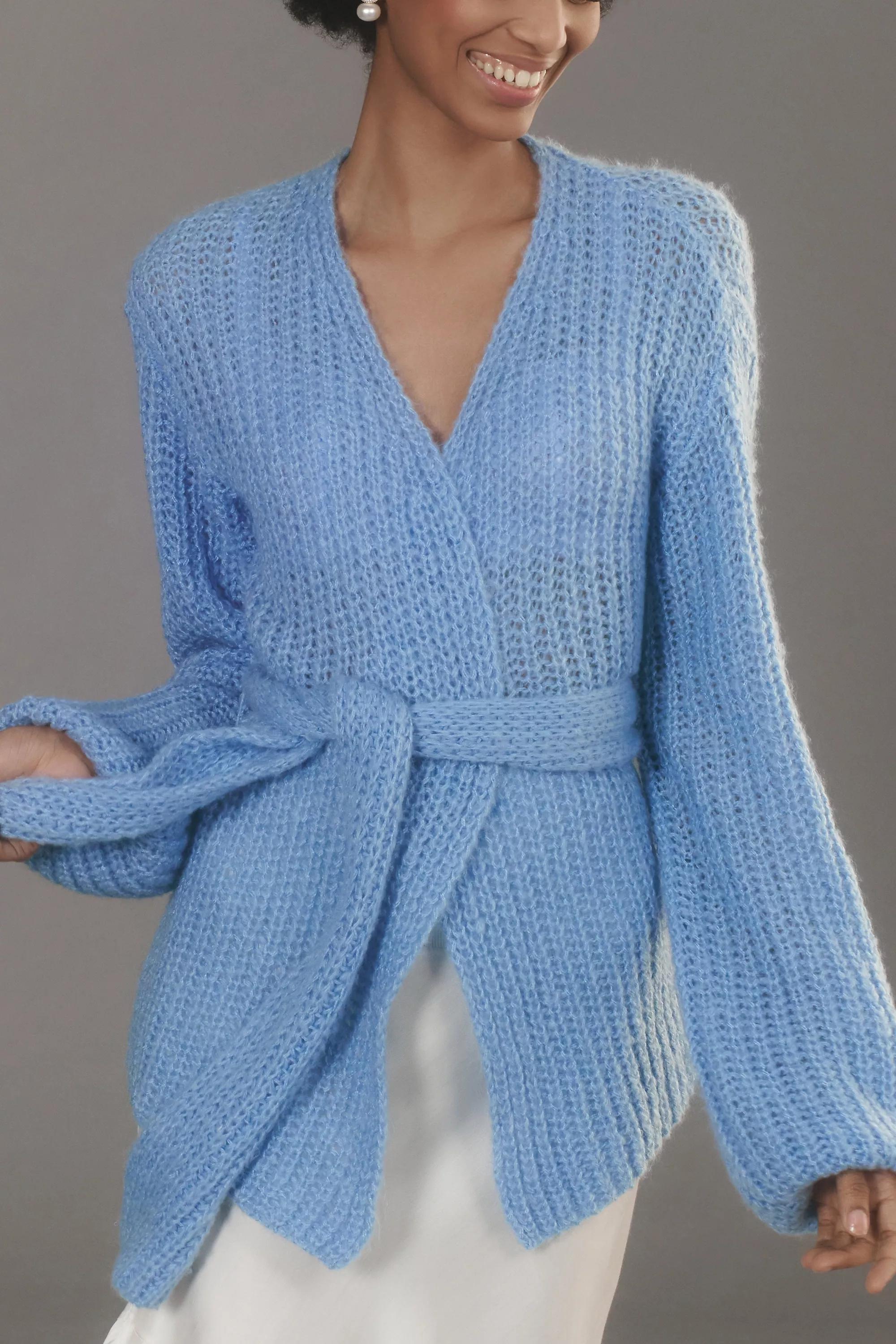 Self Contrast Belted Wrap Cardigan, Blue, A501_0040, large image number 1