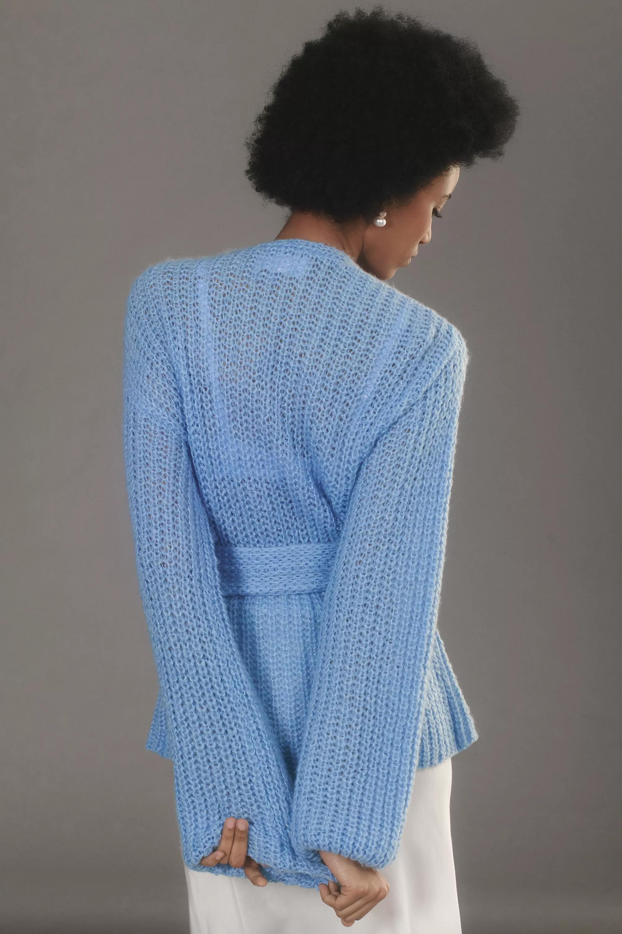 Self Contrast Belted Wrap Cardigan, Blue, A501_0040, large image number 2