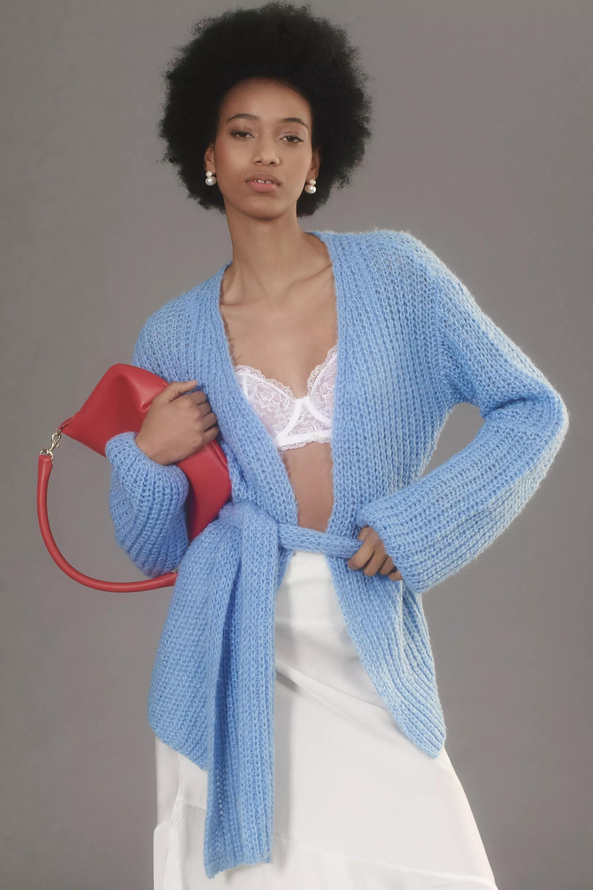 Self Contrast Belted Wrap Cardigan, Blue, A501_0040, large image number 3