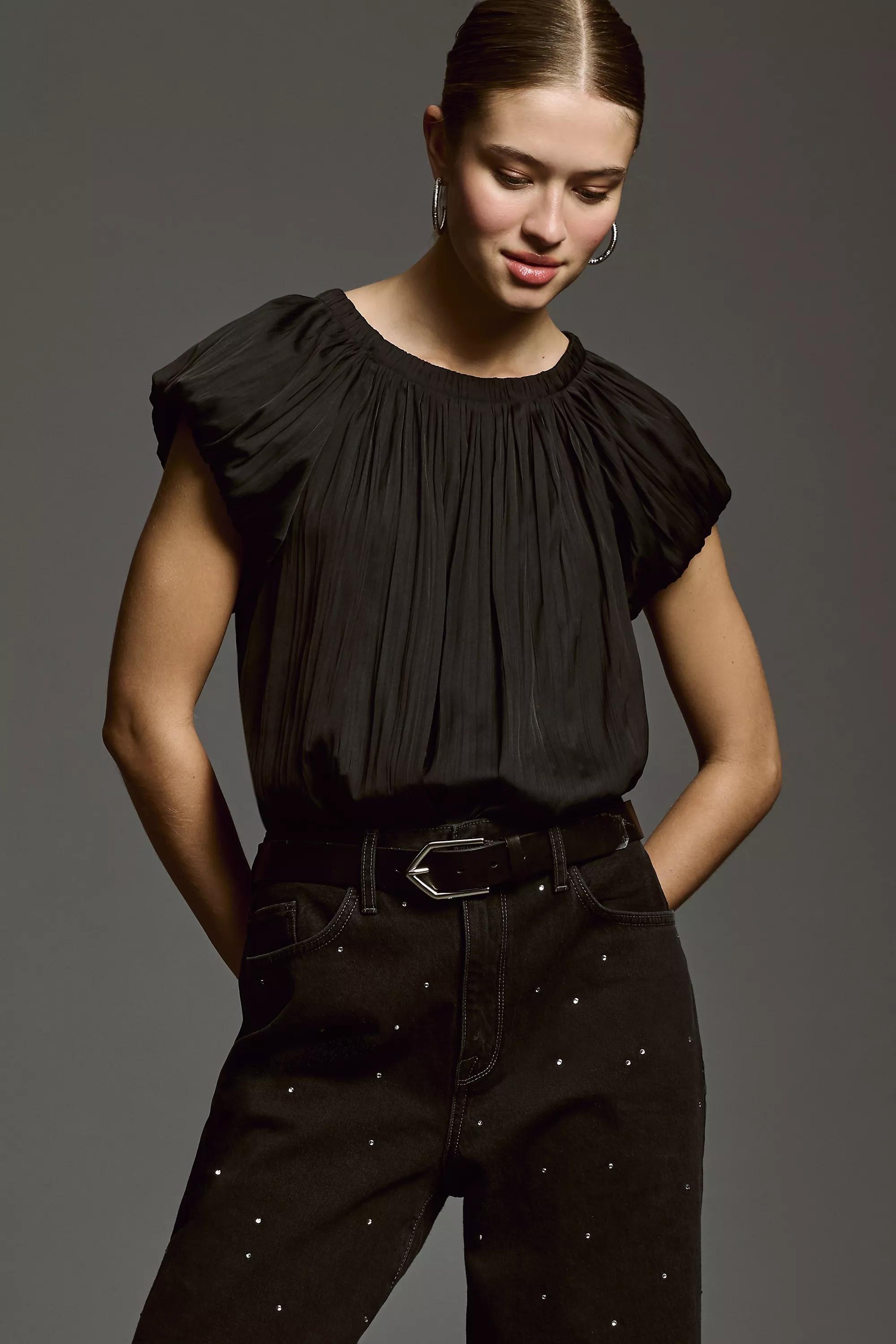 Silky Puff Short-Sleeve Blouse, Black, , large image number 0