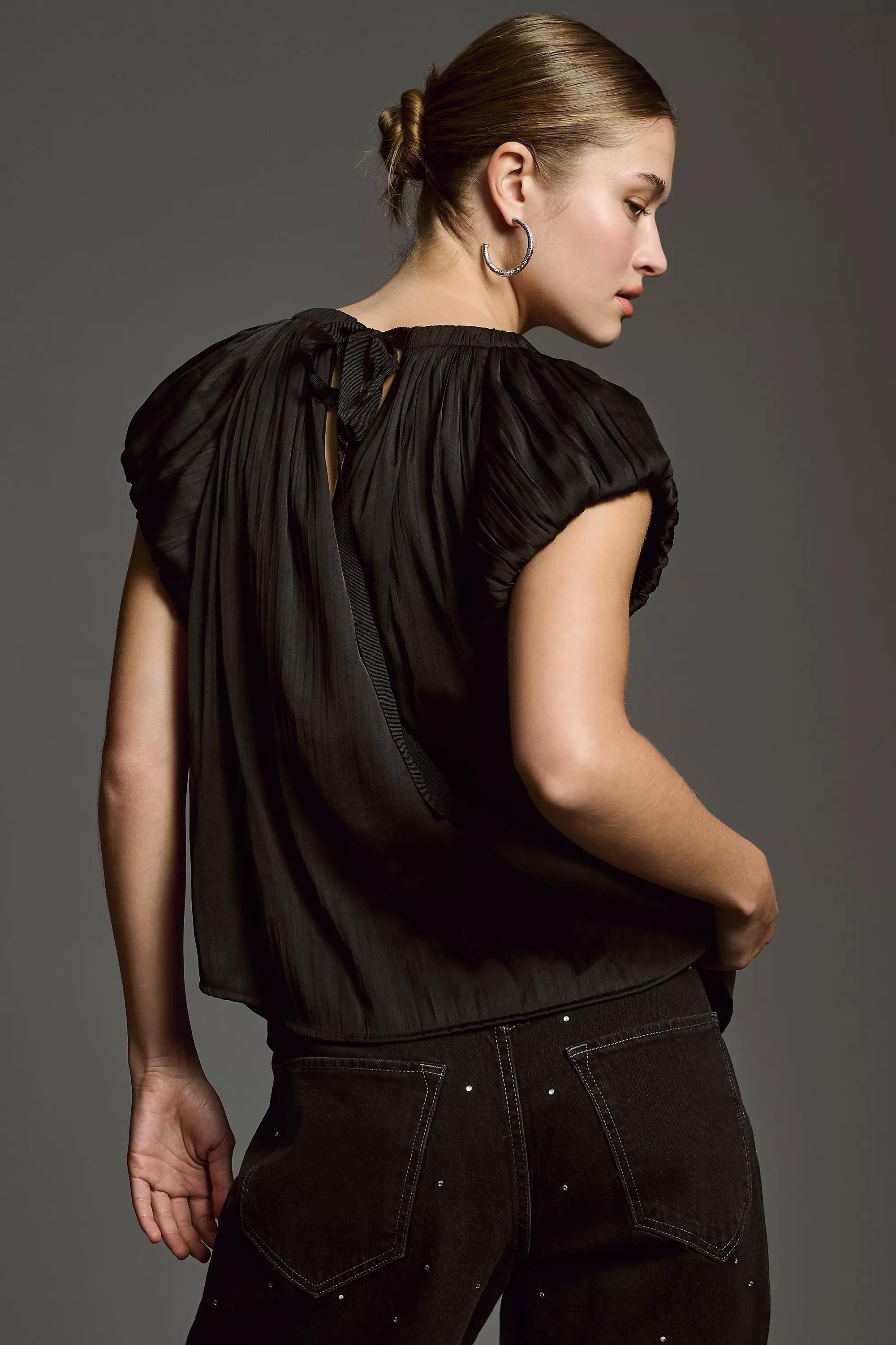 Silky Puff Short-Sleeve Blouse, Black, , large image number 1