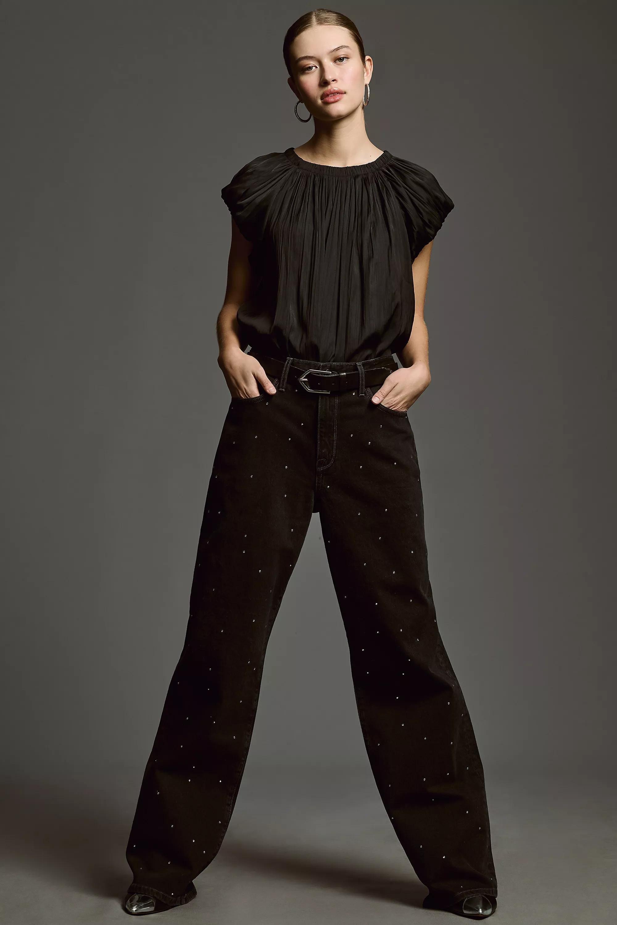 Silky Puff Short-Sleeve Blouse, Black, , large image number 2