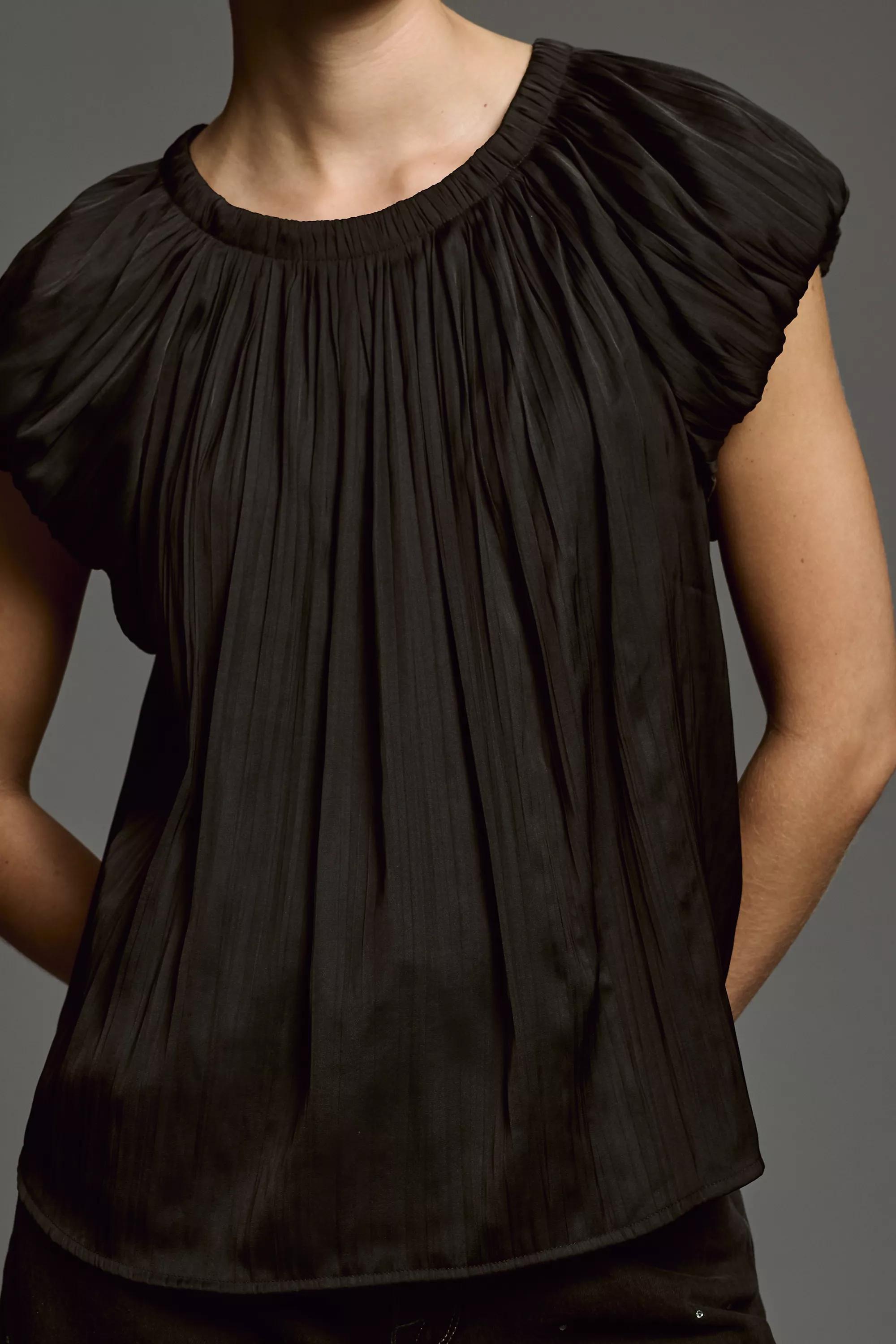 Silky Puff Short-Sleeve Blouse, Black, , large image number 3