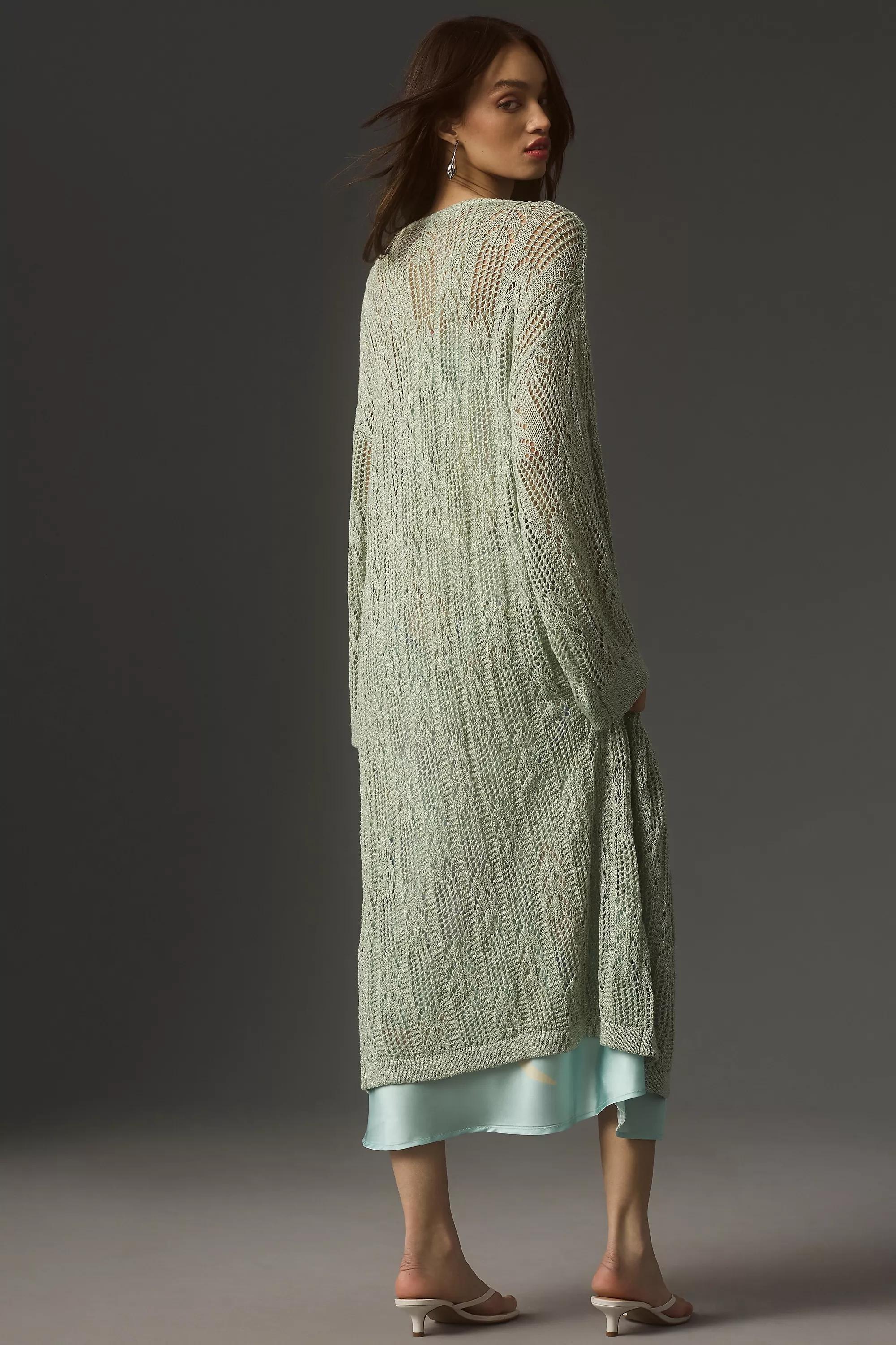Longline Sparkle Crochet Cardigan, Green, A501_0102, large image number 1