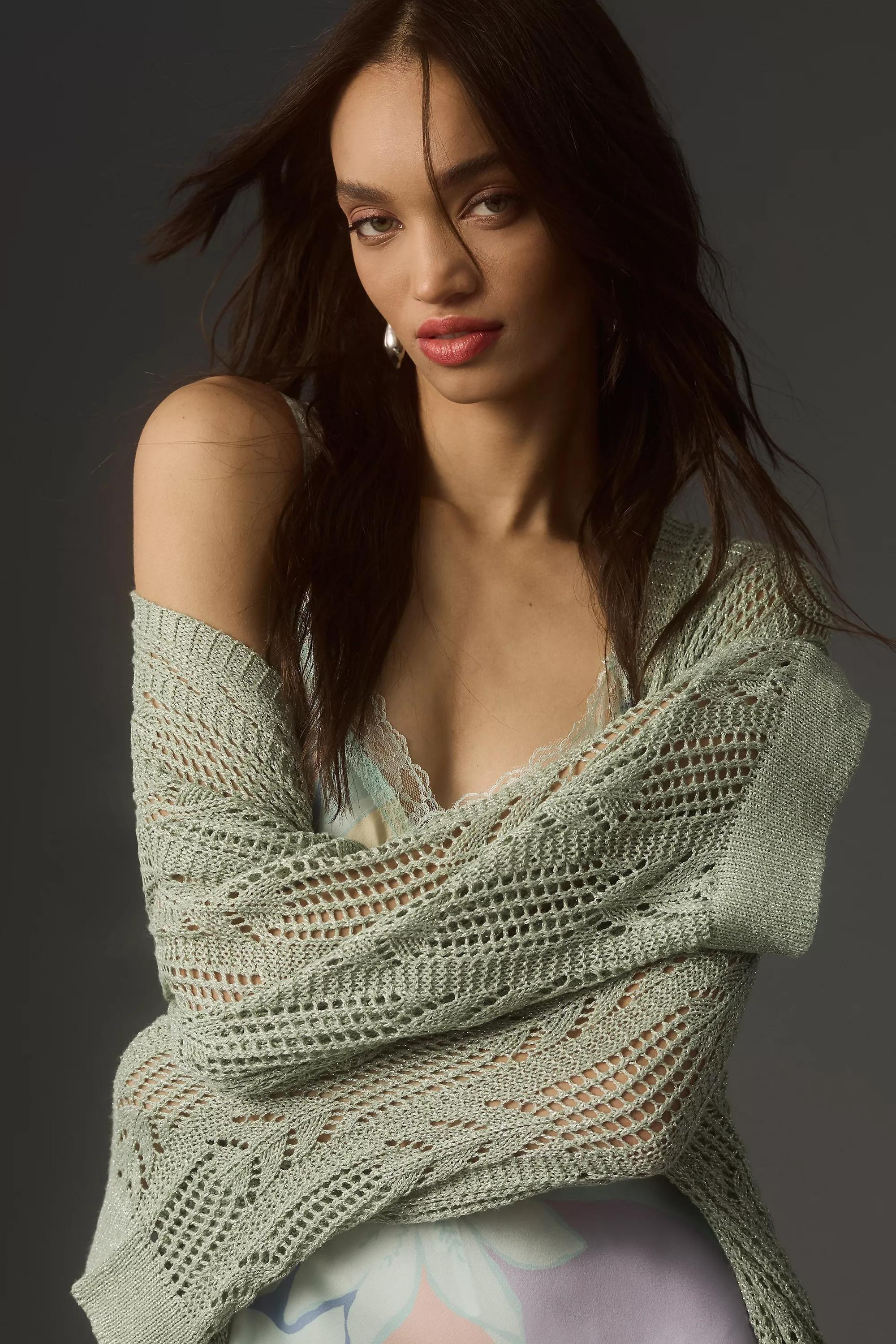 Longline Sparkle Crochet Cardigan, Green, A501_0102, large image number 2