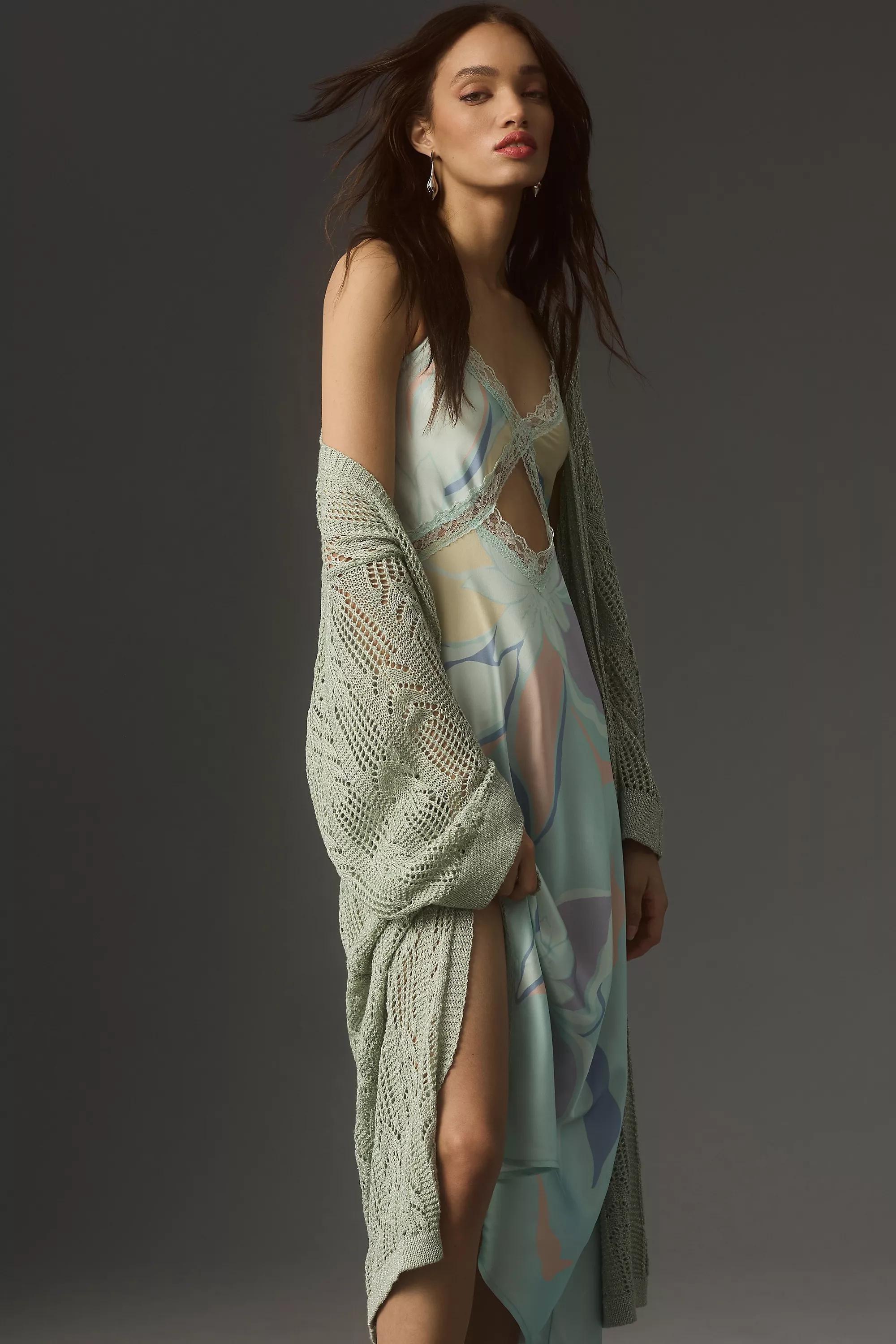 Longline Sparkle Crochet Cardigan, Green, A501_0102, large image number 3