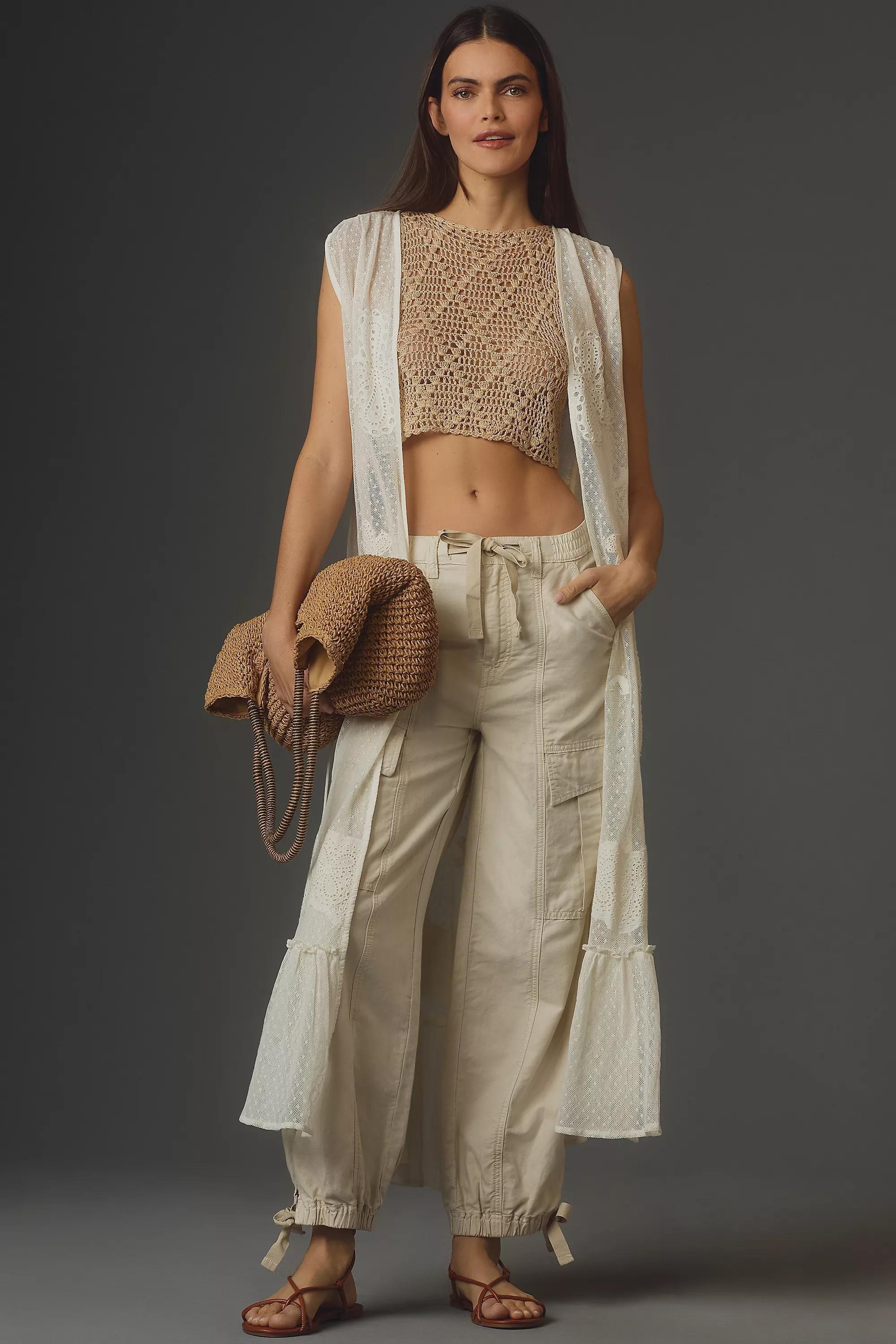 Sheer Eyelet Sleeveless Duster Jacket, White, A501_0011, large image number 0