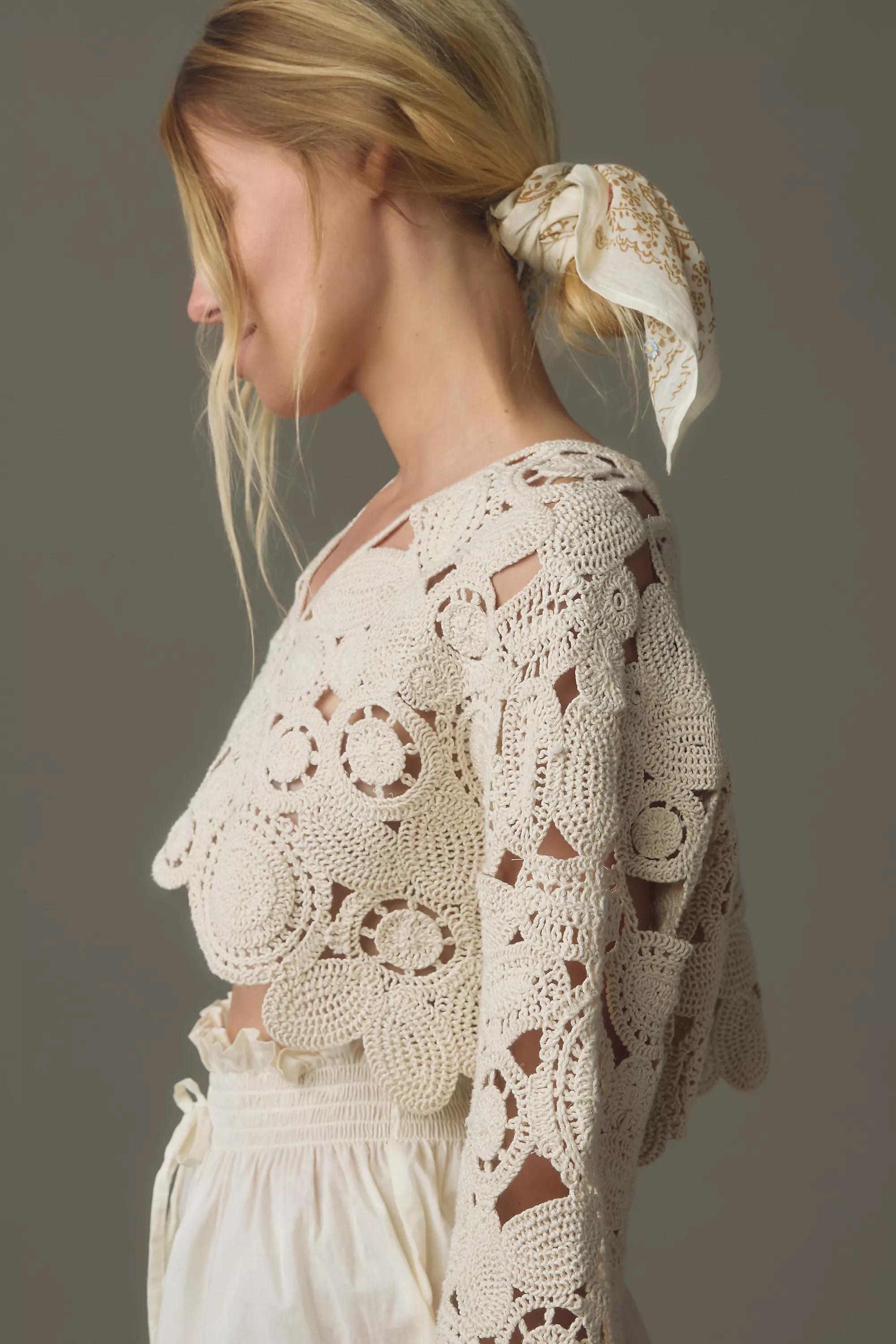 By Anthropologie Patterned Crochet Shrug, White, , large image number 1