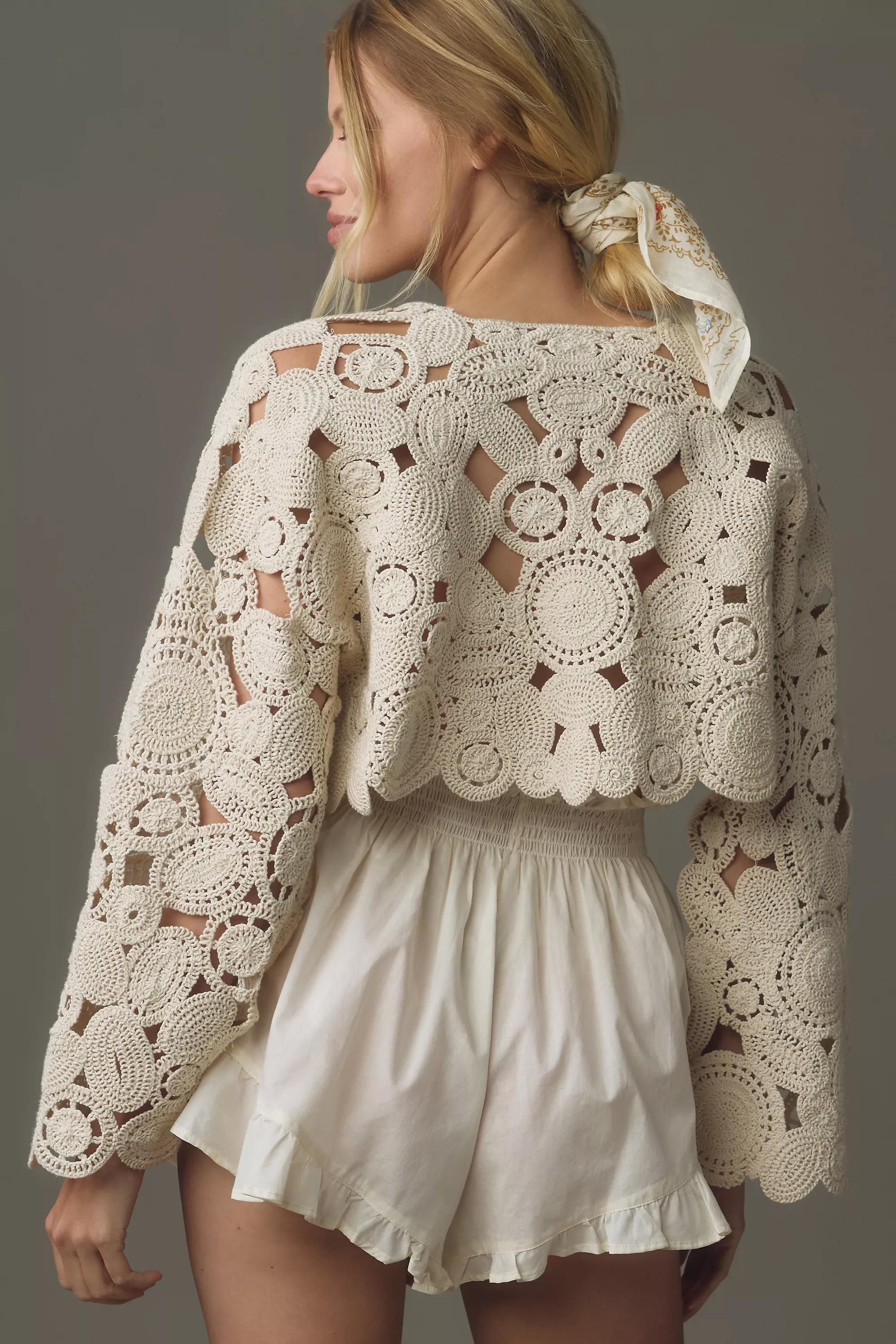 By Anthropologie Patterned Crochet Shrug, White, , large image number 2