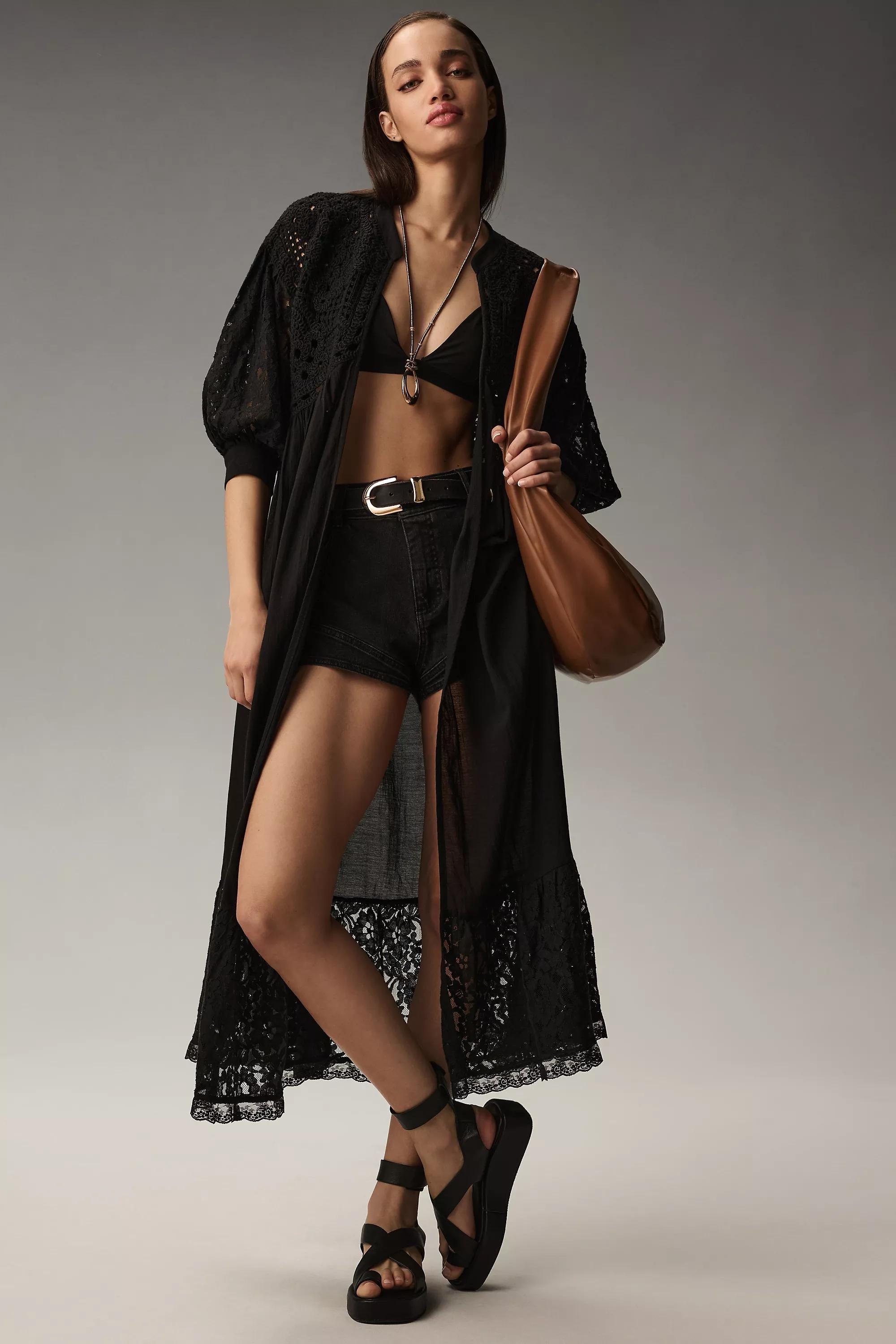 By Anthropologie Mixed Lace Crochet Duster Jacket, Black, A501_0001, large image number 0