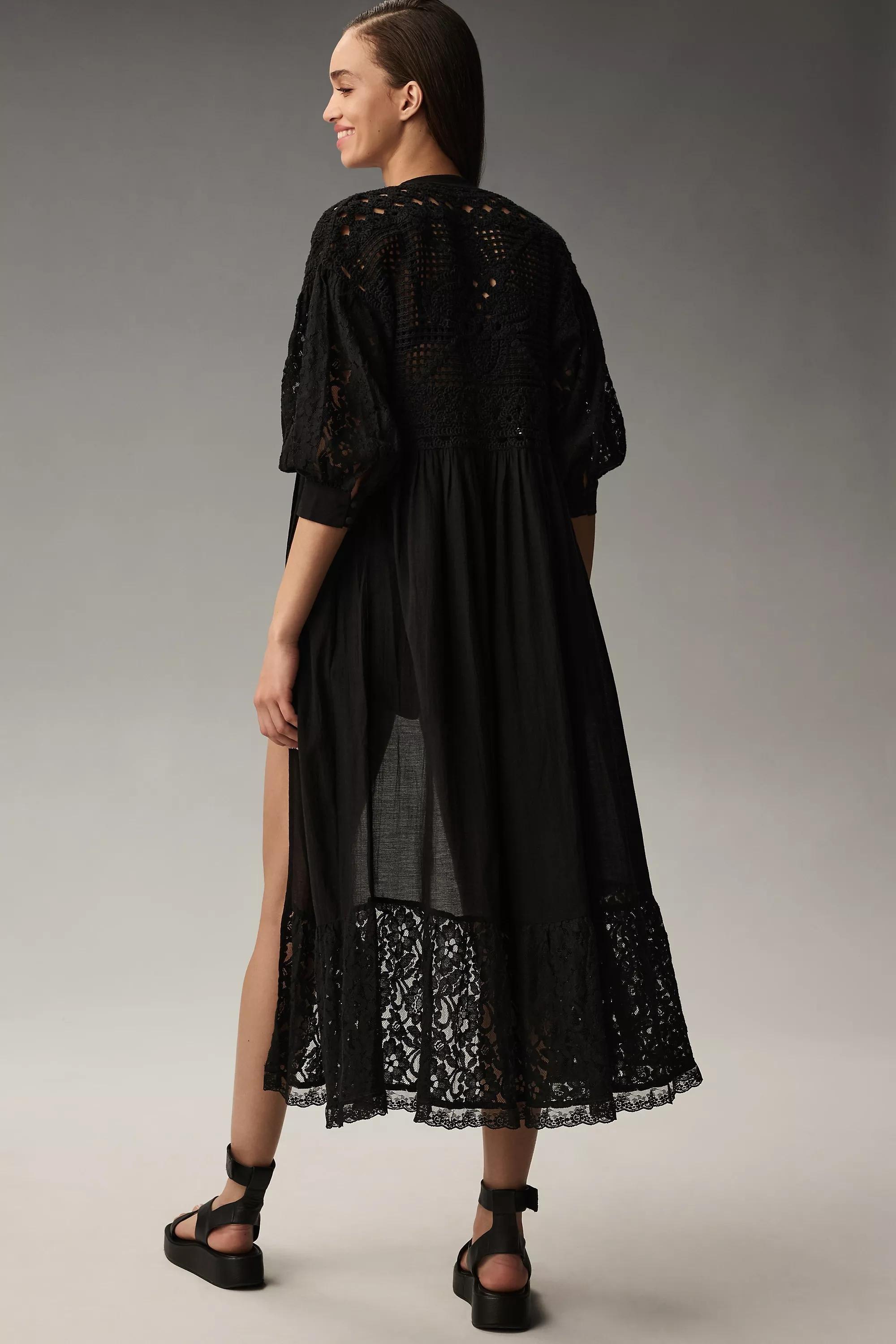 By Anthropologie Mixed Lace Crochet Duster Jacket, Black, A501_0001, large image number 1