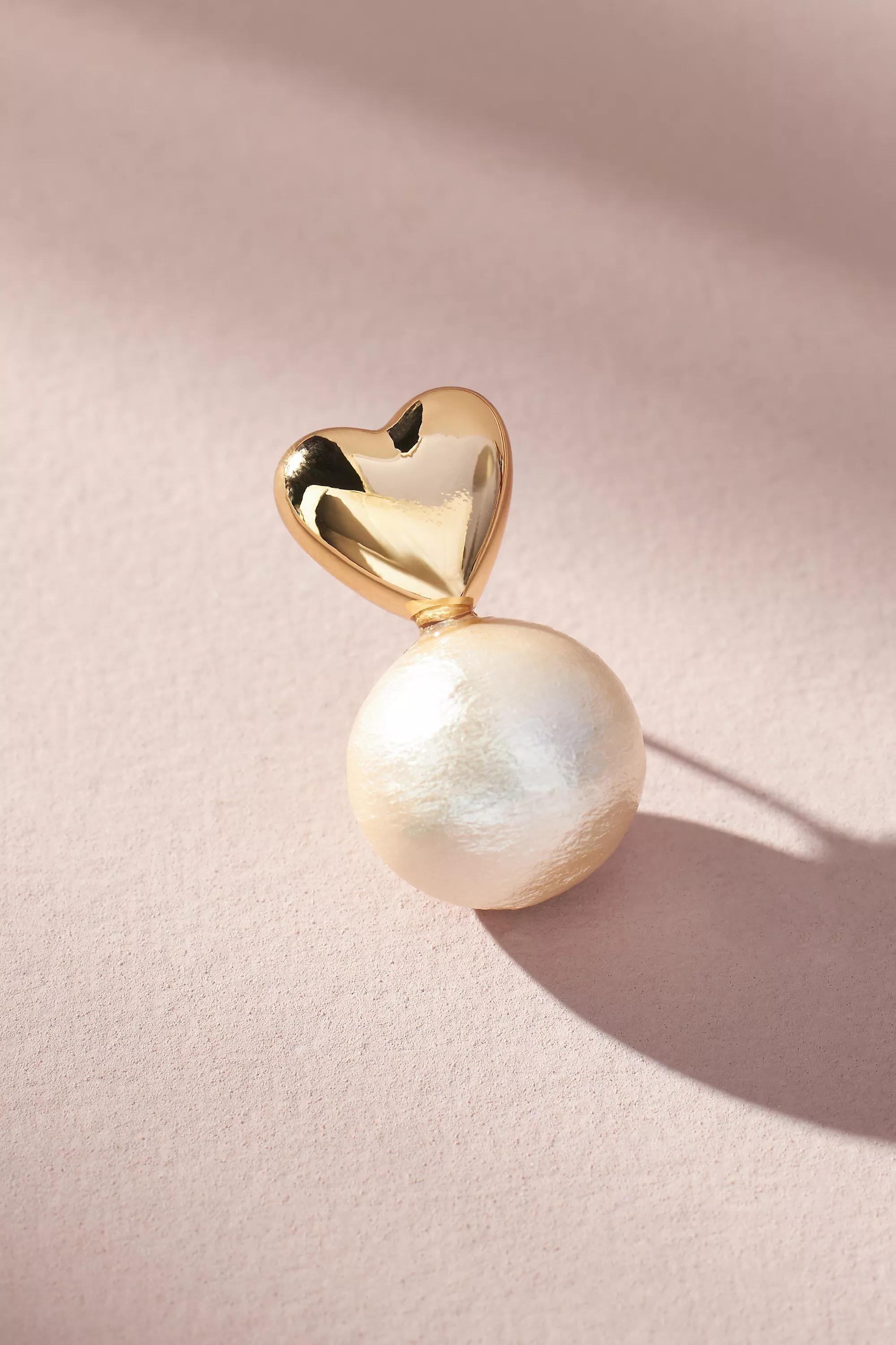 Anthropologie - Gold-Plated Heart Pearl Drop Earrings, Pearl