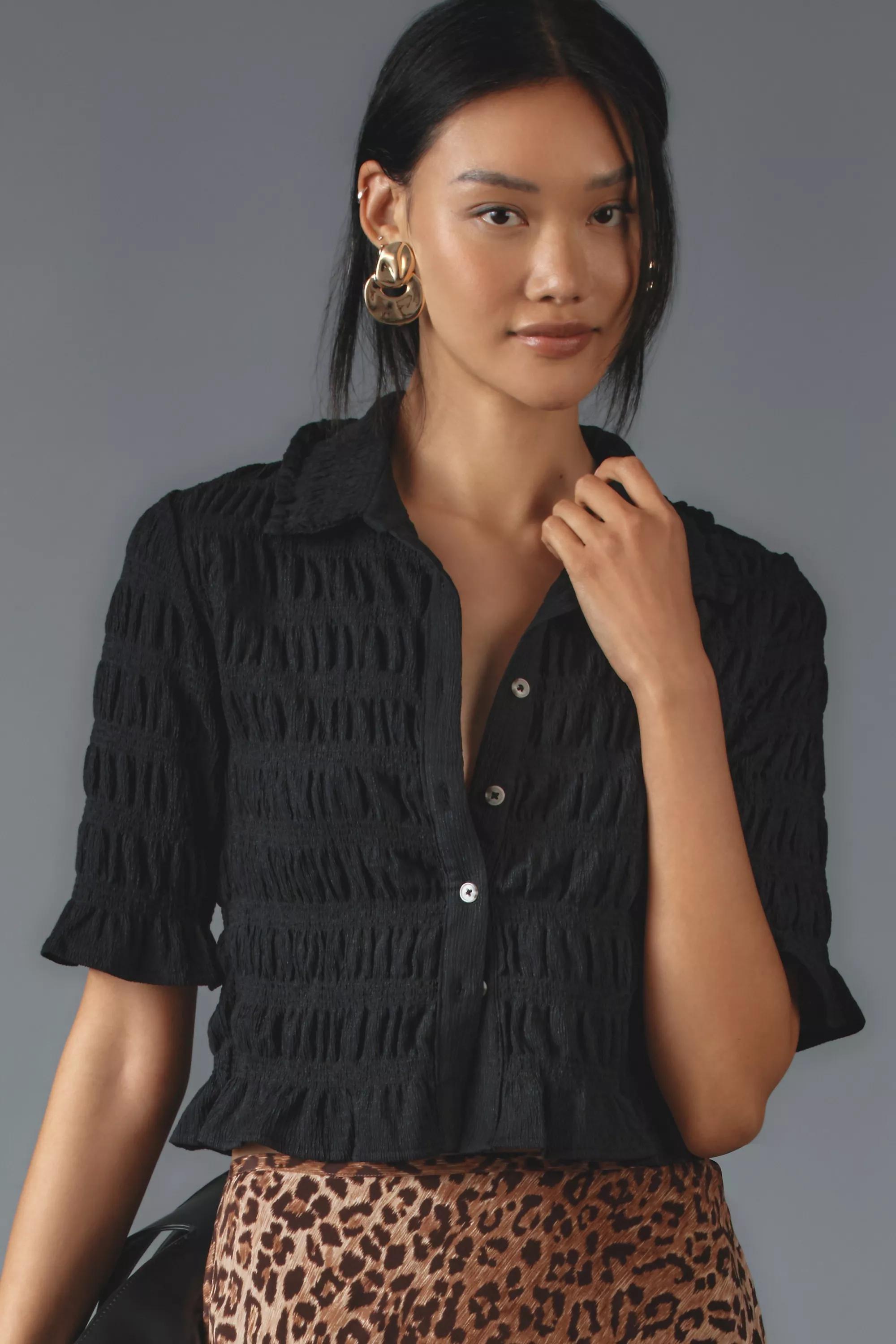 Anthropologie Textured Crop Top, Black, , medium
