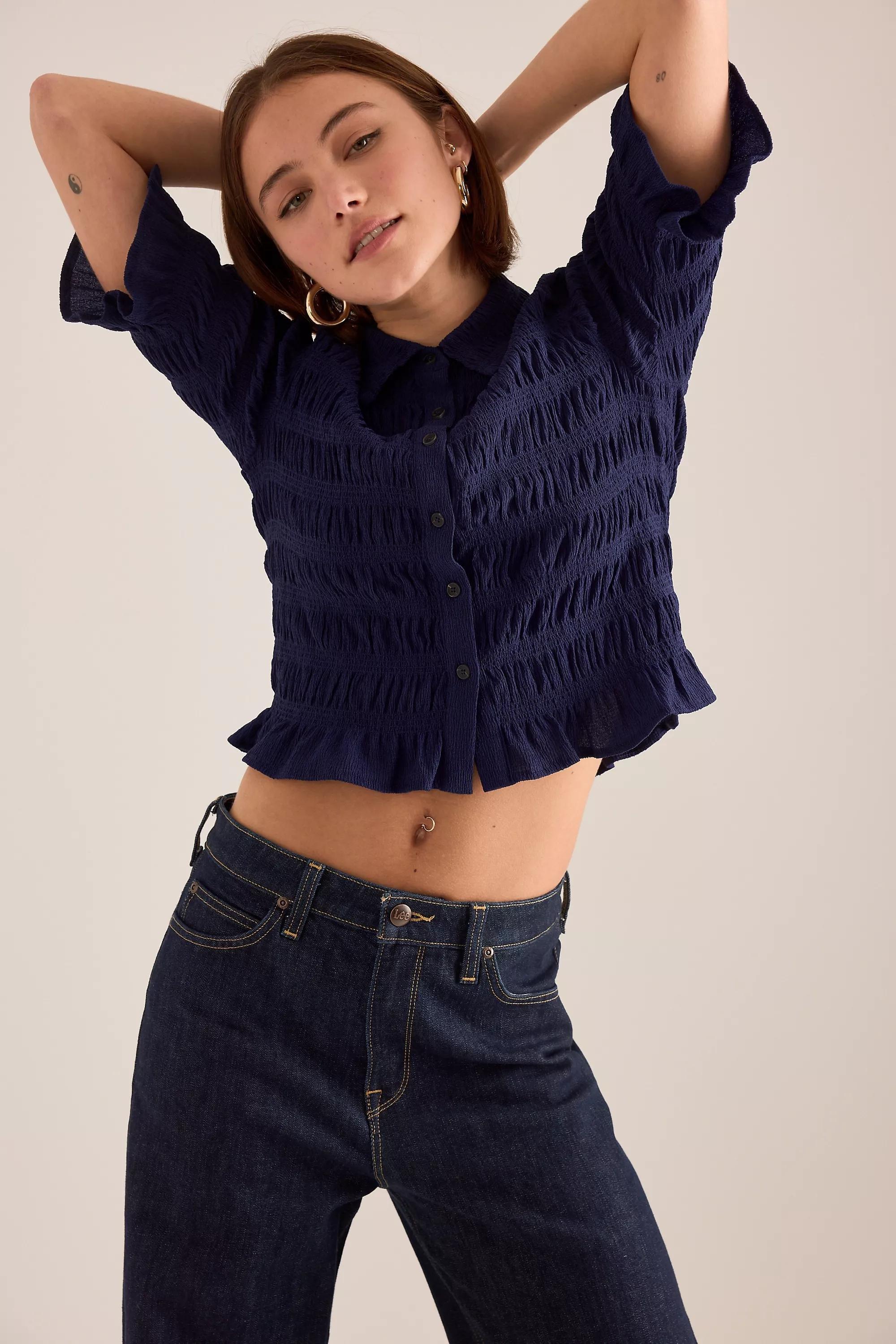 By Maeve Ruffle Button-Front Top, Navy, A501_0041, large image number 0