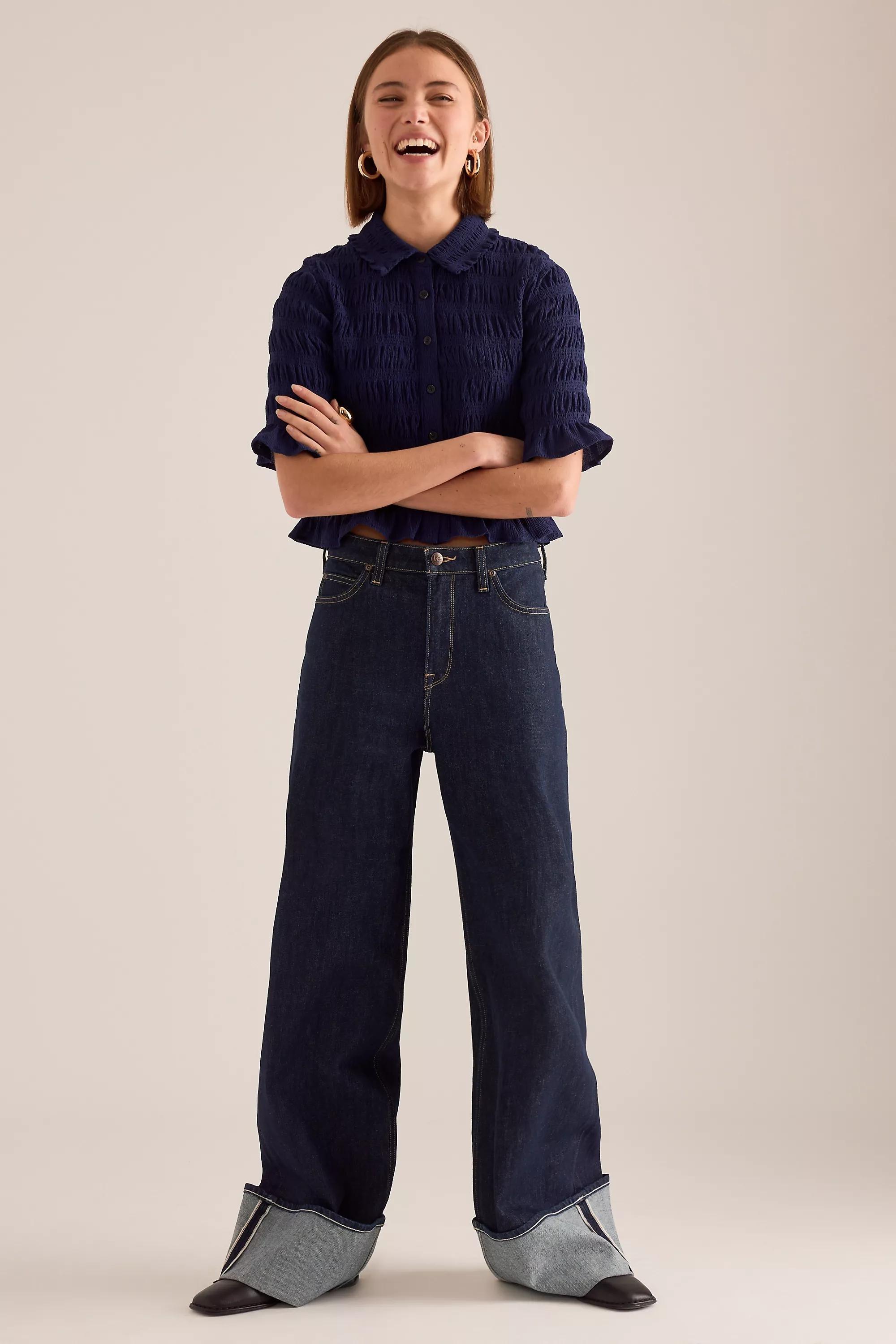 By Maeve Ruffle Button-Front Top, Navy, A501_0041, large image number 3