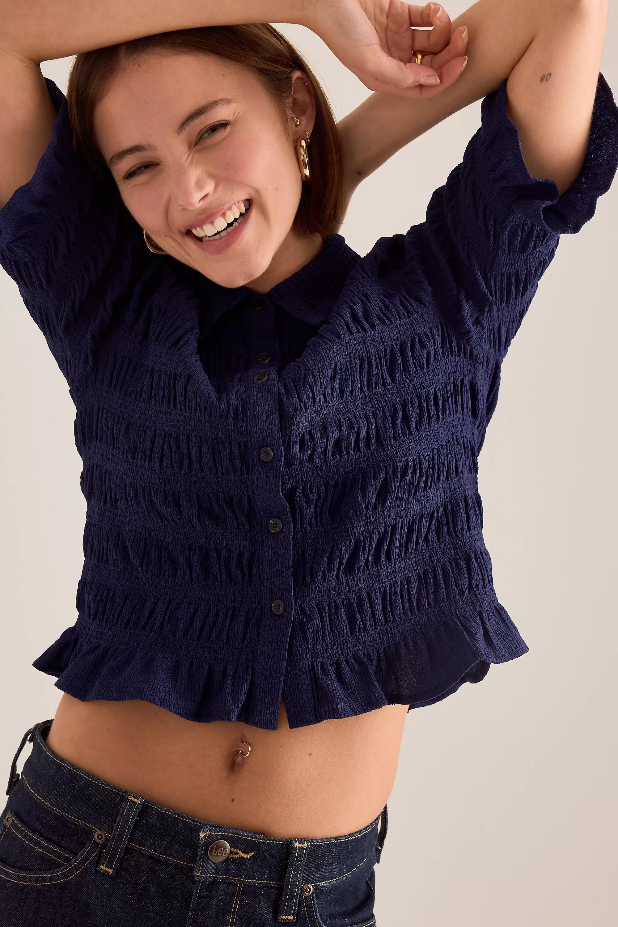By Maeve Ruffle Button-Front Top, Navy, A501_0041, large image number 5