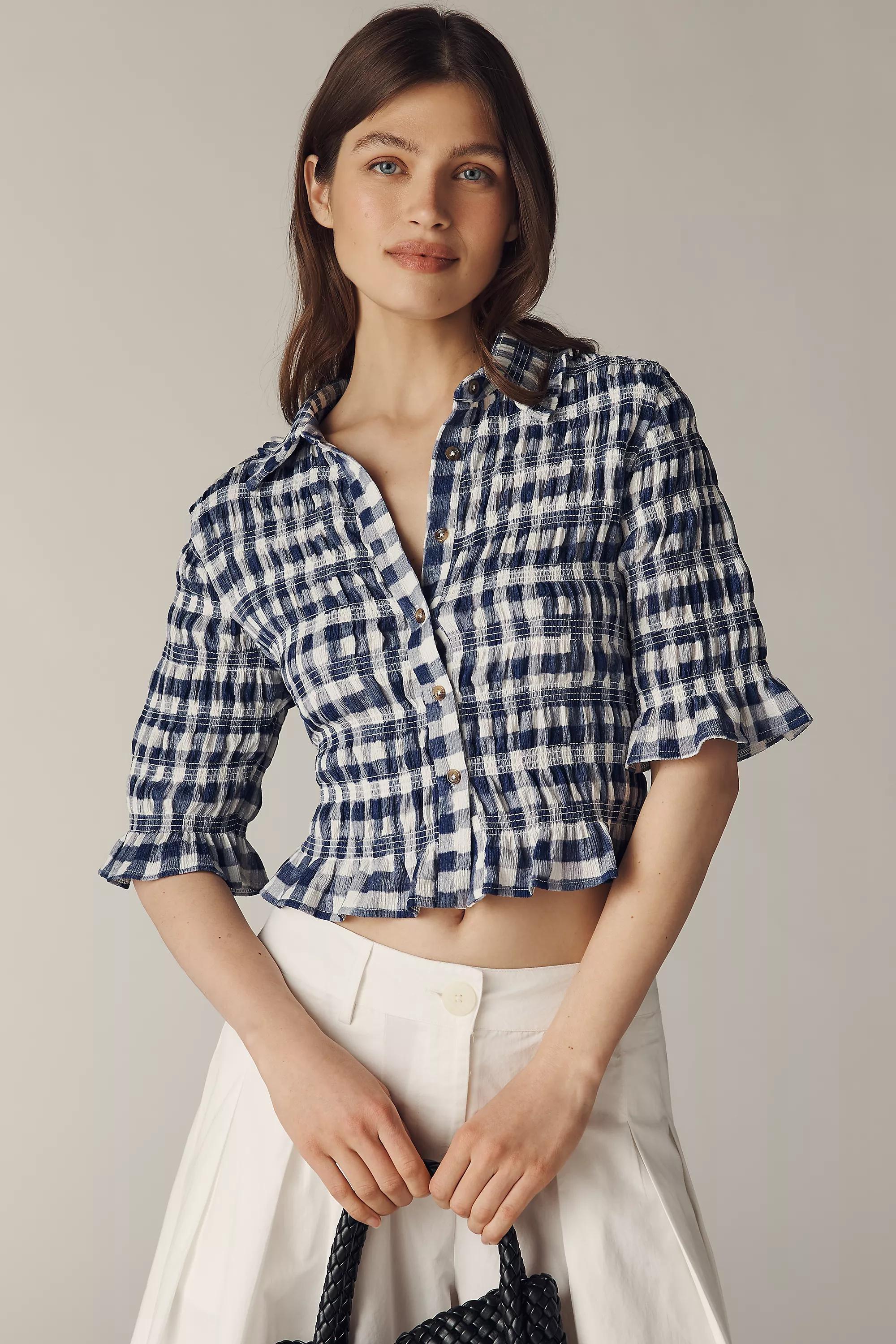 Maeve Smocked Button-Front Top, Blue, A501_0049, large image number 0