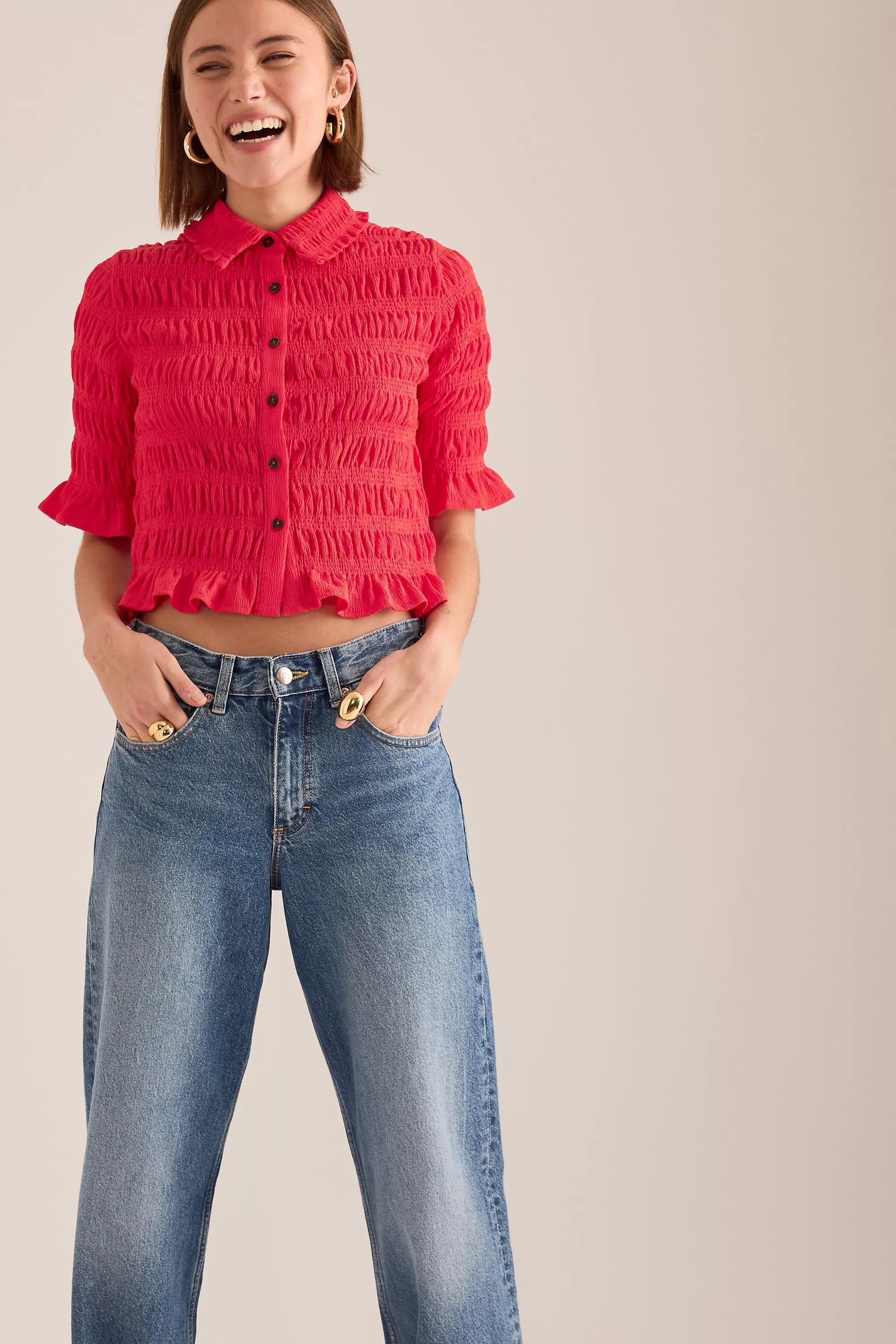 By Maeve Ruffle Button-Front Top, Red, A501_0060, large image number 1