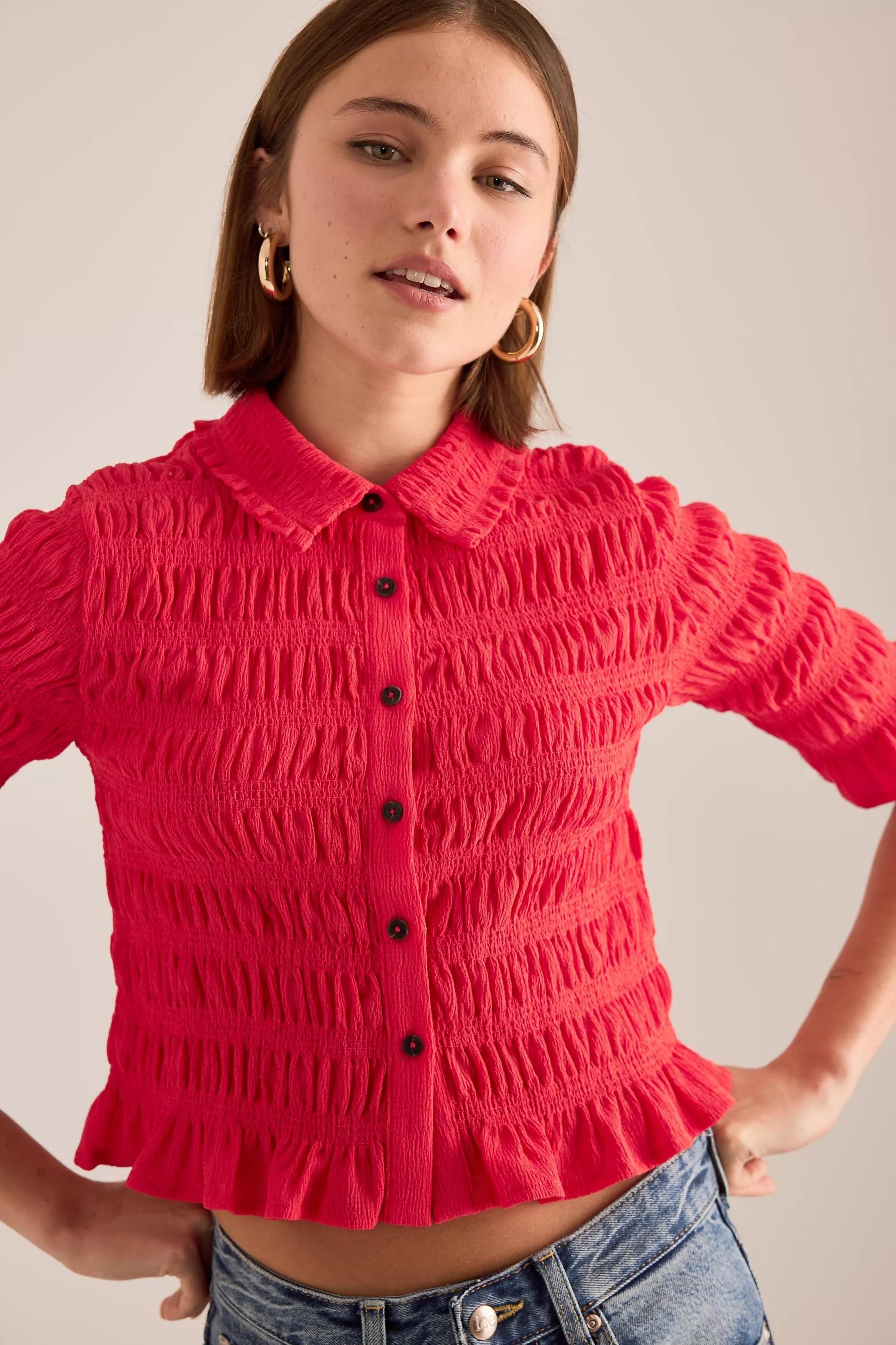 By Maeve Ruffle Button-Front Top, Red, A501_0060, large image number 3