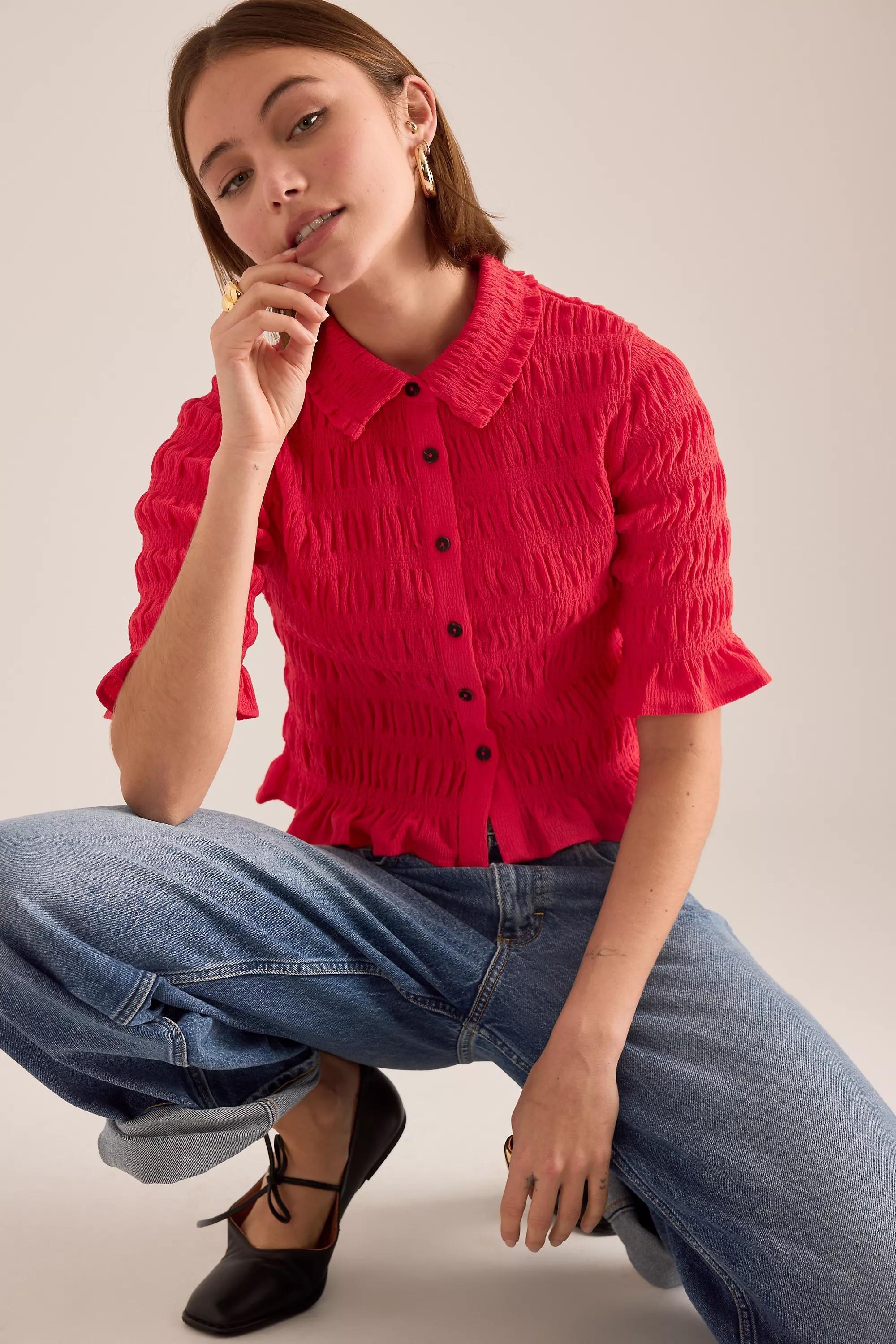 By Maeve Ruffle Button-Front Top, Red, A501_0060, large image number 4