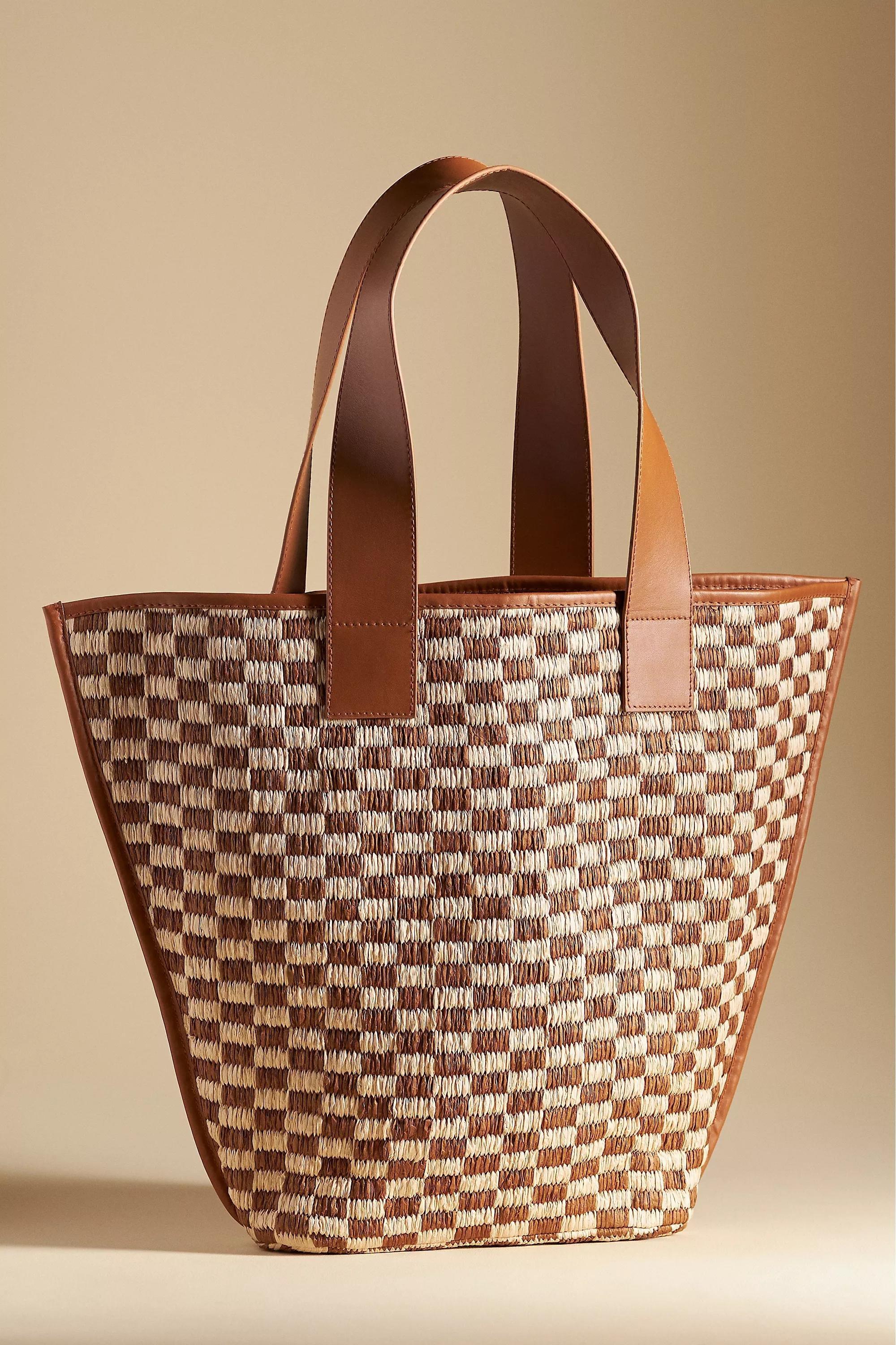 Motif Raffia Checkered Angular Tote Bag, Brown, A501_0029, large image number 0