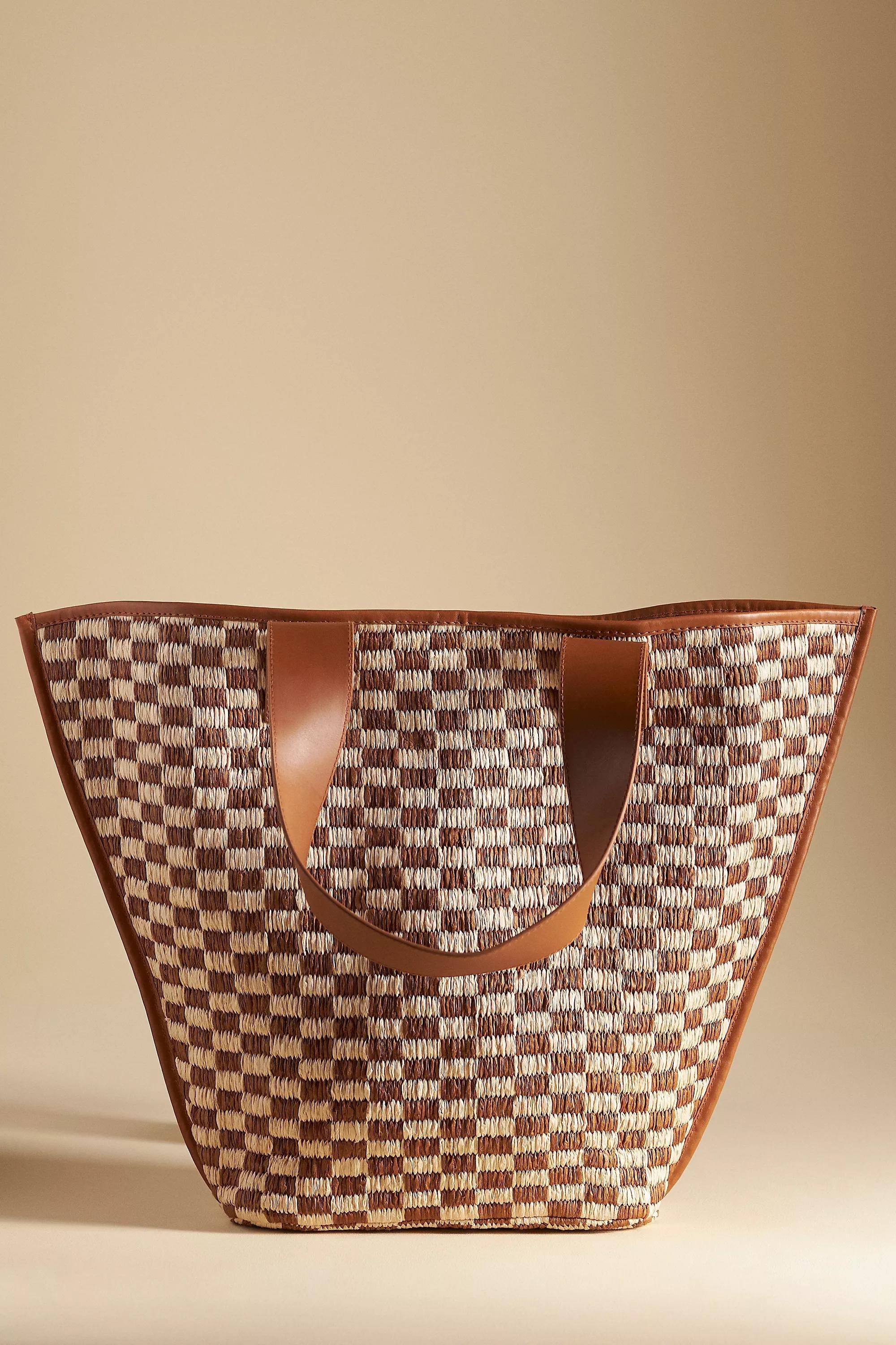 Motif Raffia Checkered Angular Tote Bag, Brown, A501_0029, large image number 1