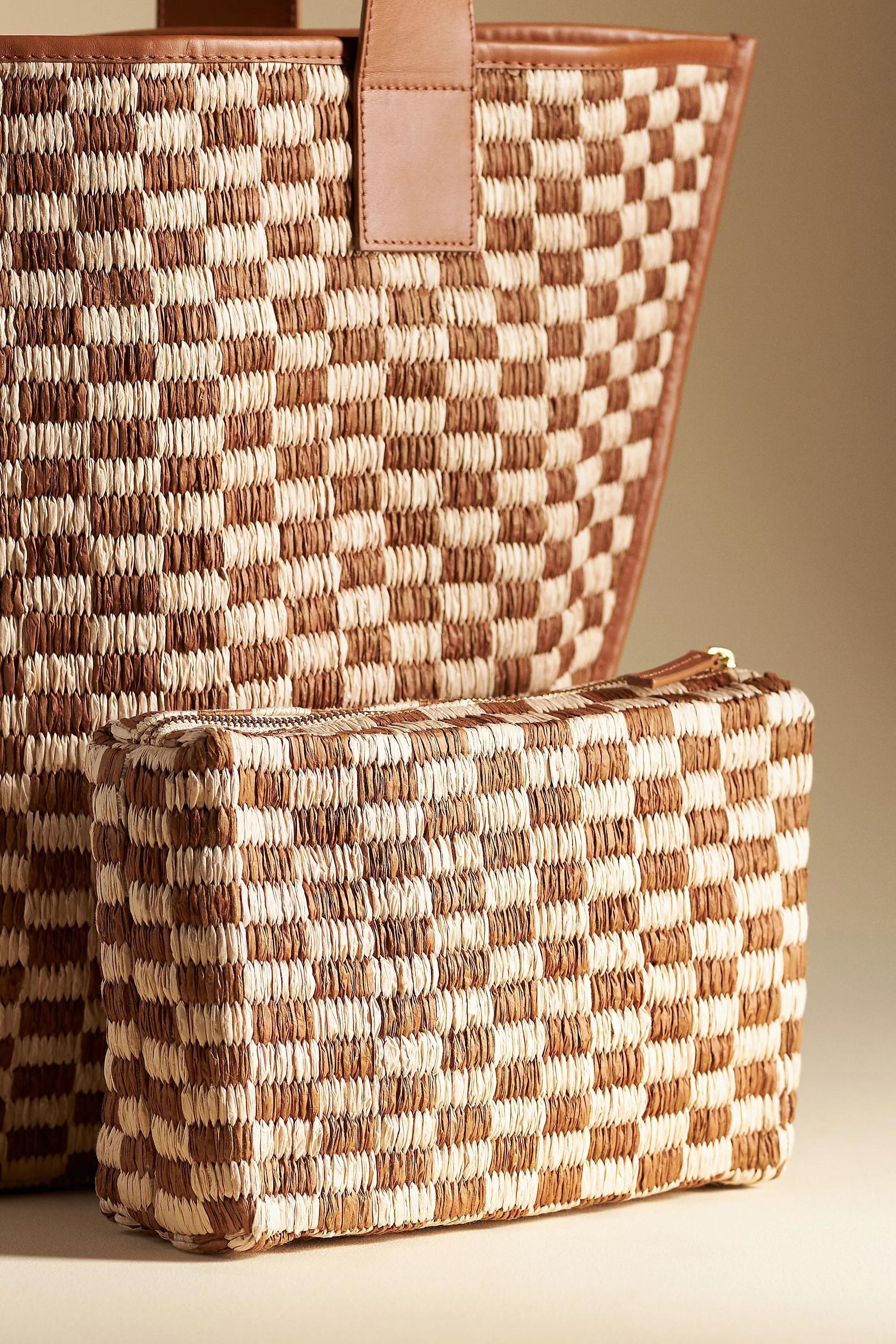 Motif Raffia Checkered Angular Tote Bag, Brown, A501_0029, large image number 2