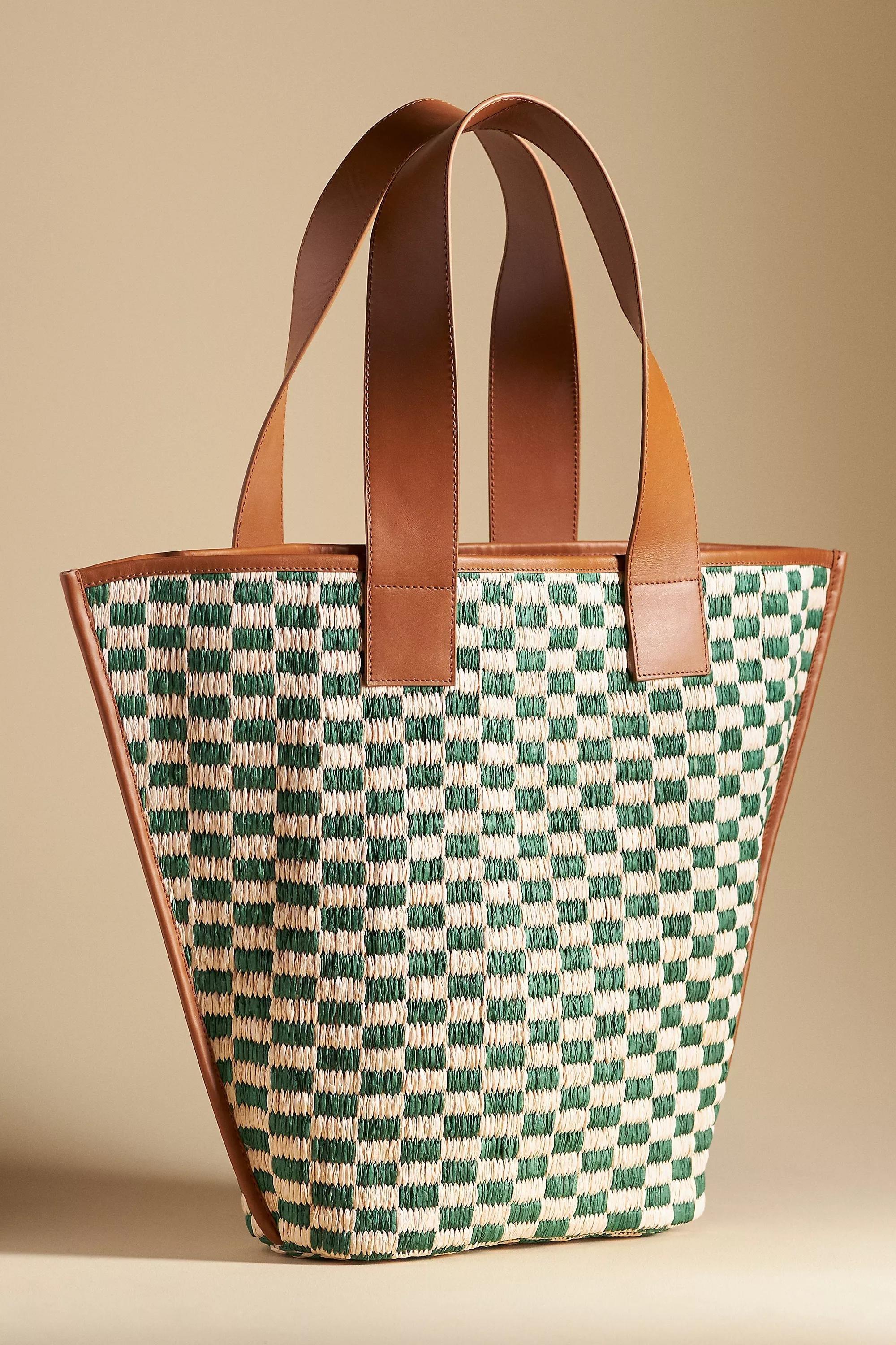 Raffia Checkered Angular Tote Bag, Green, A501_0038, large image number 0