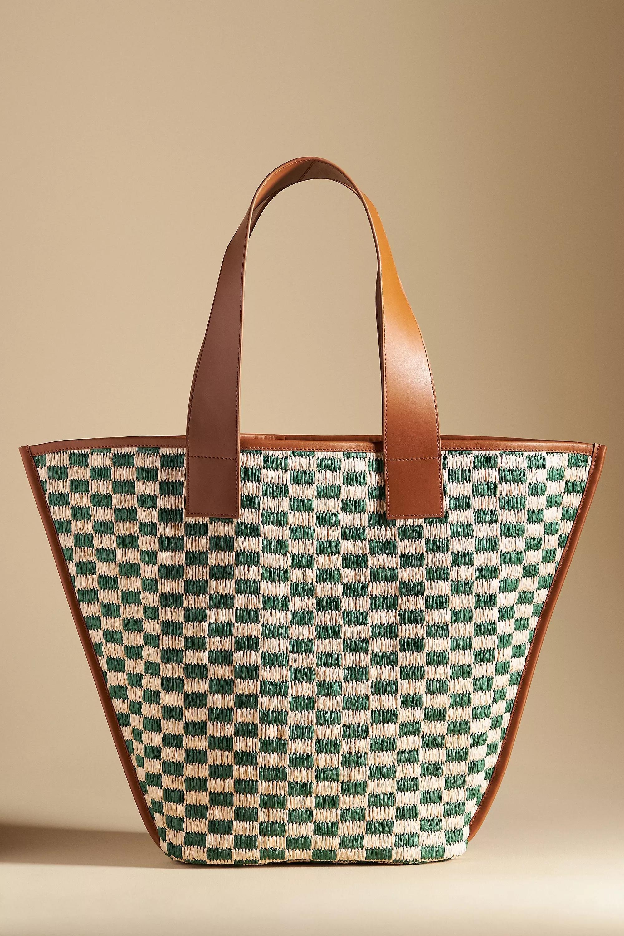 Raffia Checkered Angular Tote Bag, Green, A501_0038, large image number 1