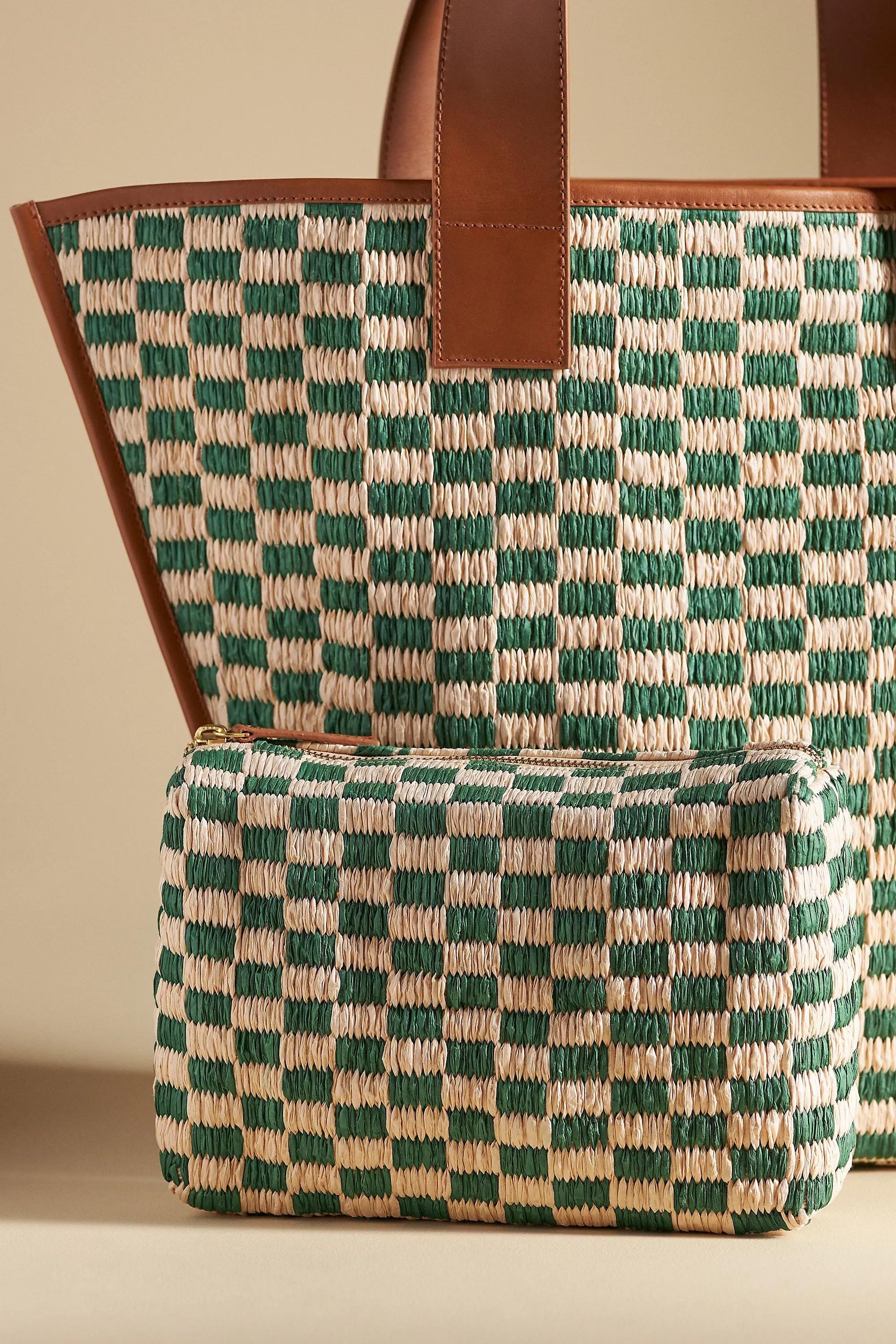 Raffia Checkered Angular Tote Bag, Green, A501_0038, large image number 2