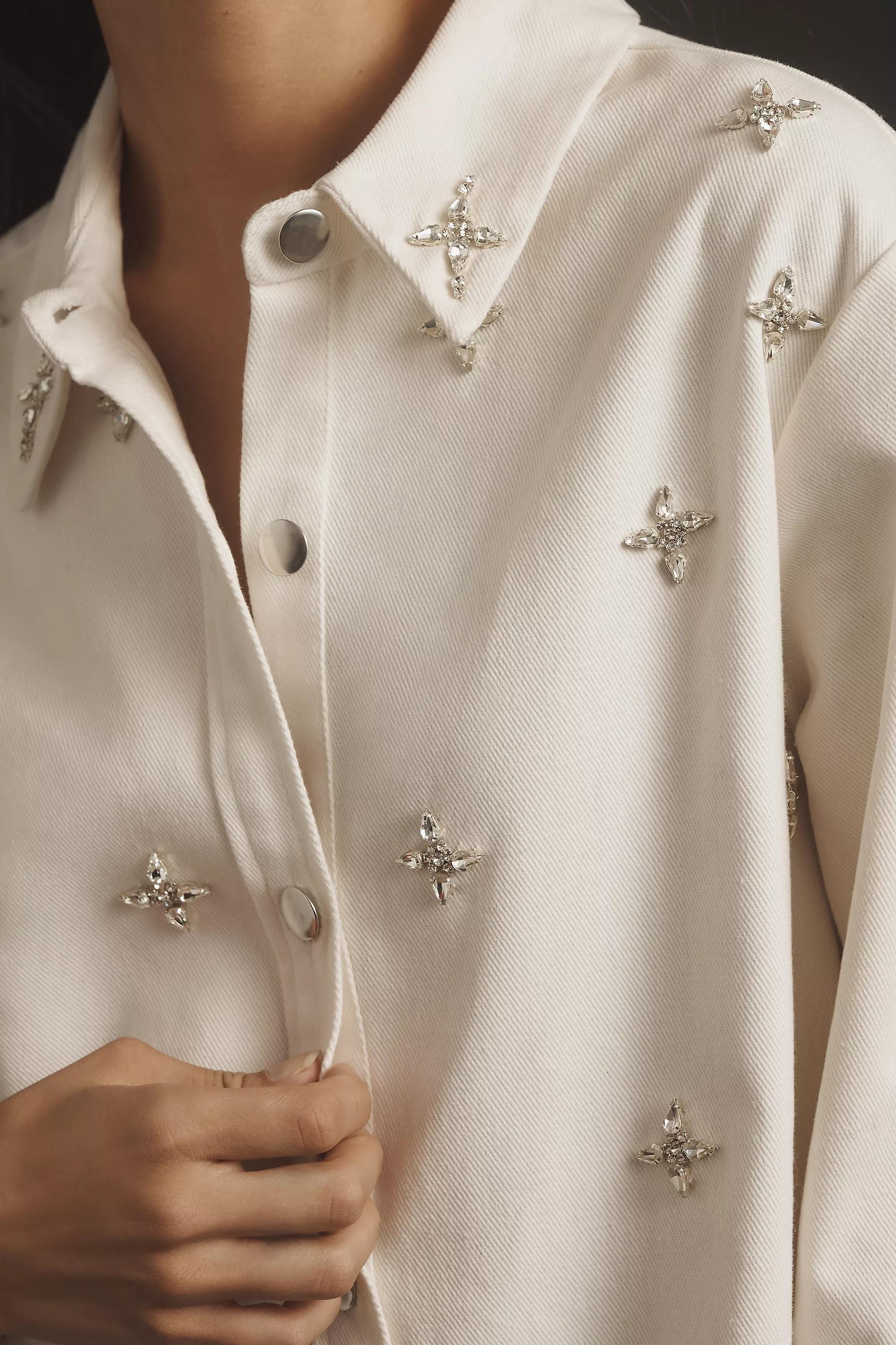 Rdalamal Denim Embellished Shirt Dress, Cream, A501_0011, large image number 3